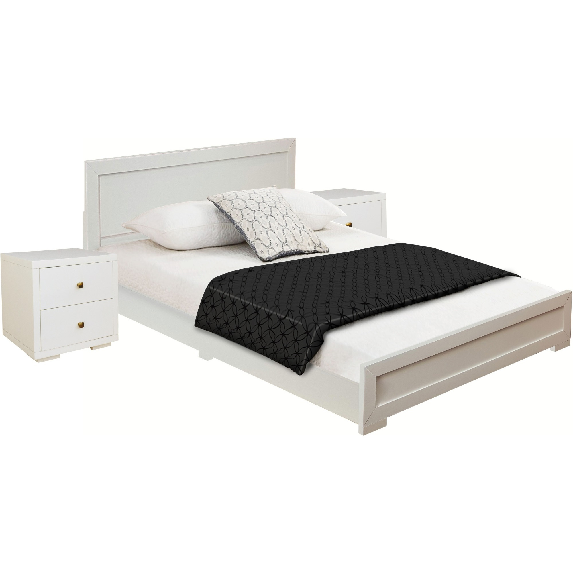 Trent Wooden Platform Bed in White, Queen with 2 Nightstands