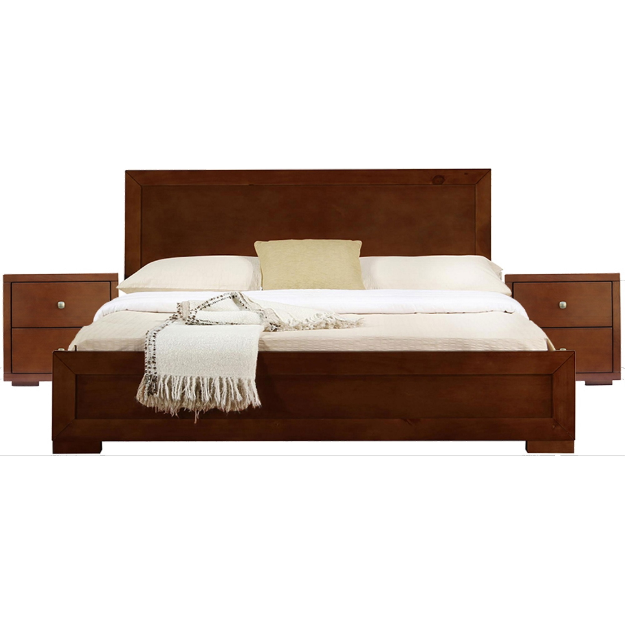 Trent Wooden Platform Bed in Walnut, Queen with 2 Nightstands