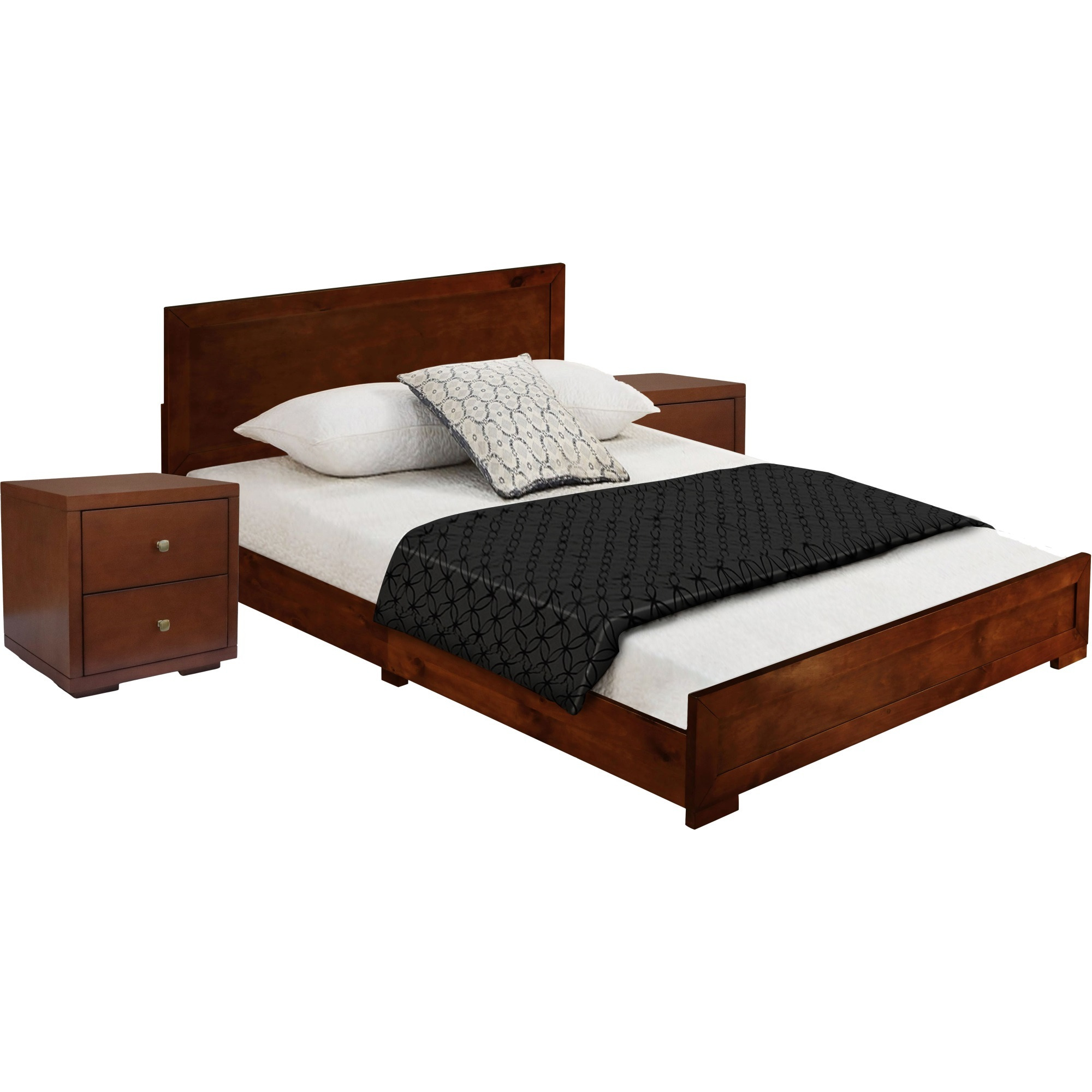 Trent Wooden Platform Bed in Walnut, Queen with 2 Nightstands