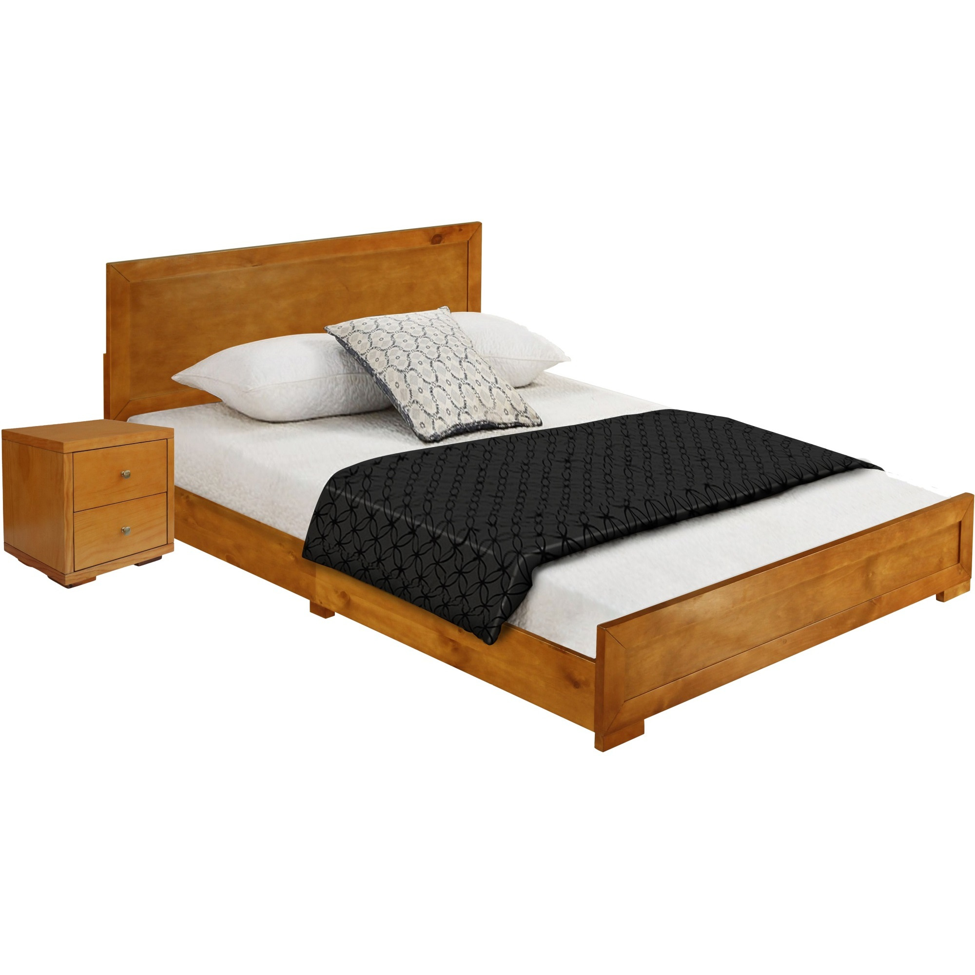 Trent Wooden Platform Bed in Oak, Full with 1 Nightstand