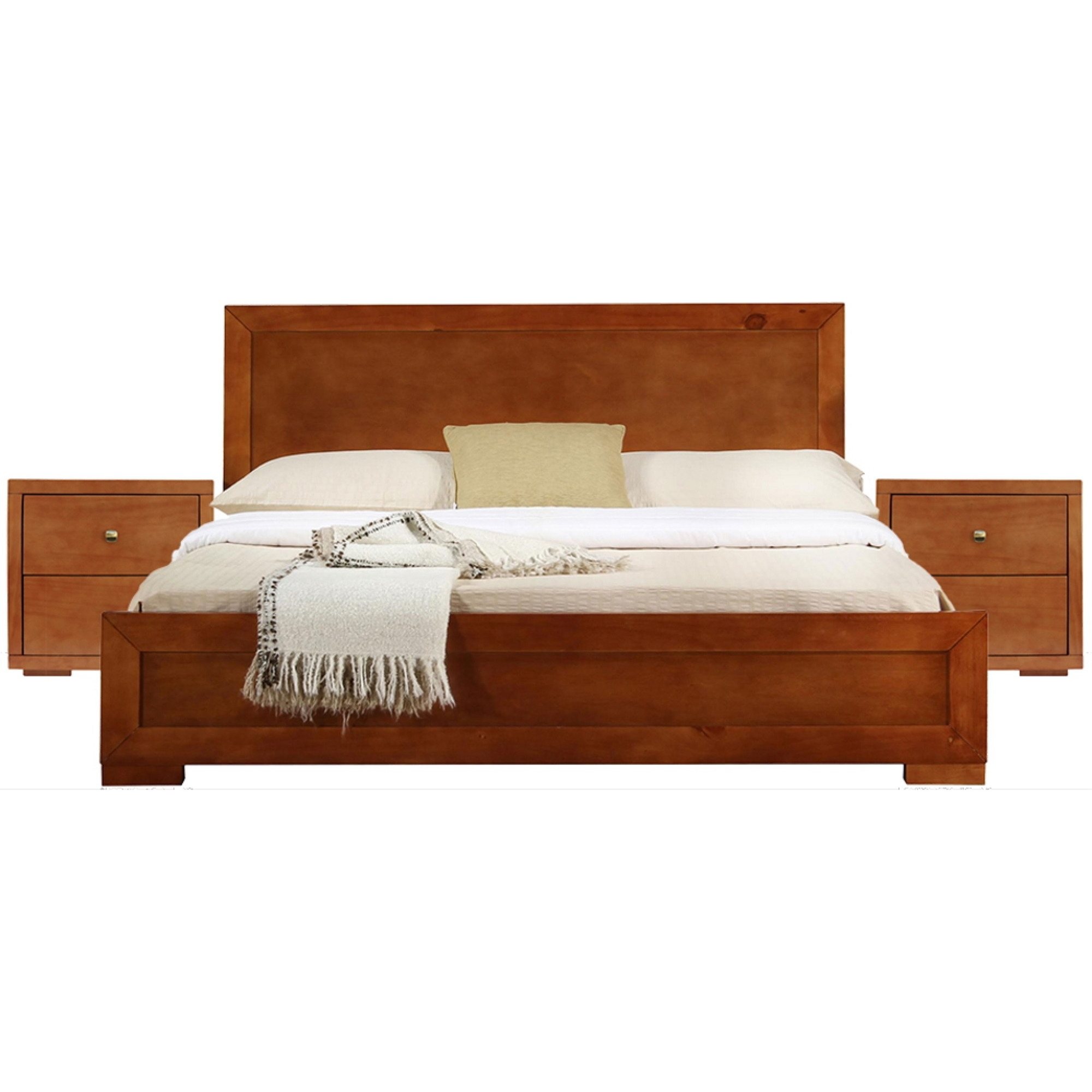 Trent Wooden Platform Bed in Cherry, King with 2 Nightstands