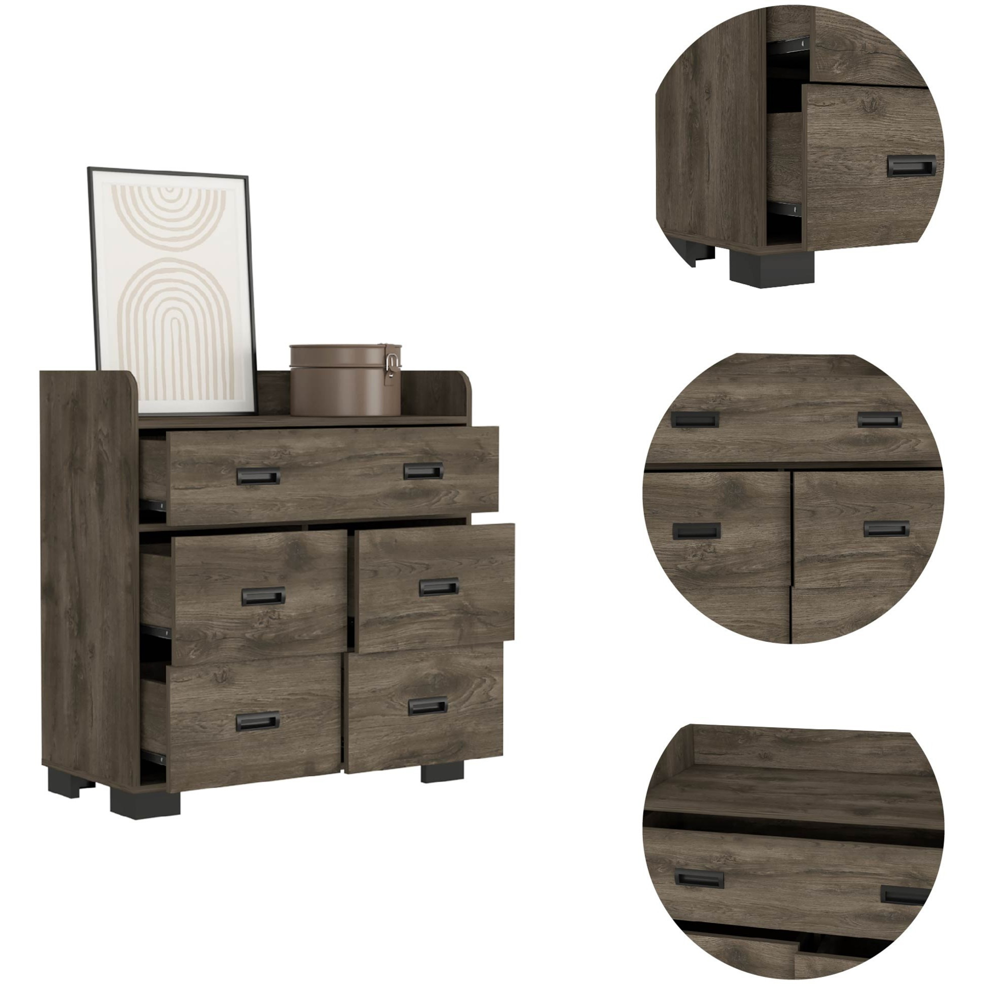 TUHOME Alyn Dresser, Four Legs, One Ample Drawer, Four Drawers, Countertop, Dark Brown, For Bedroom