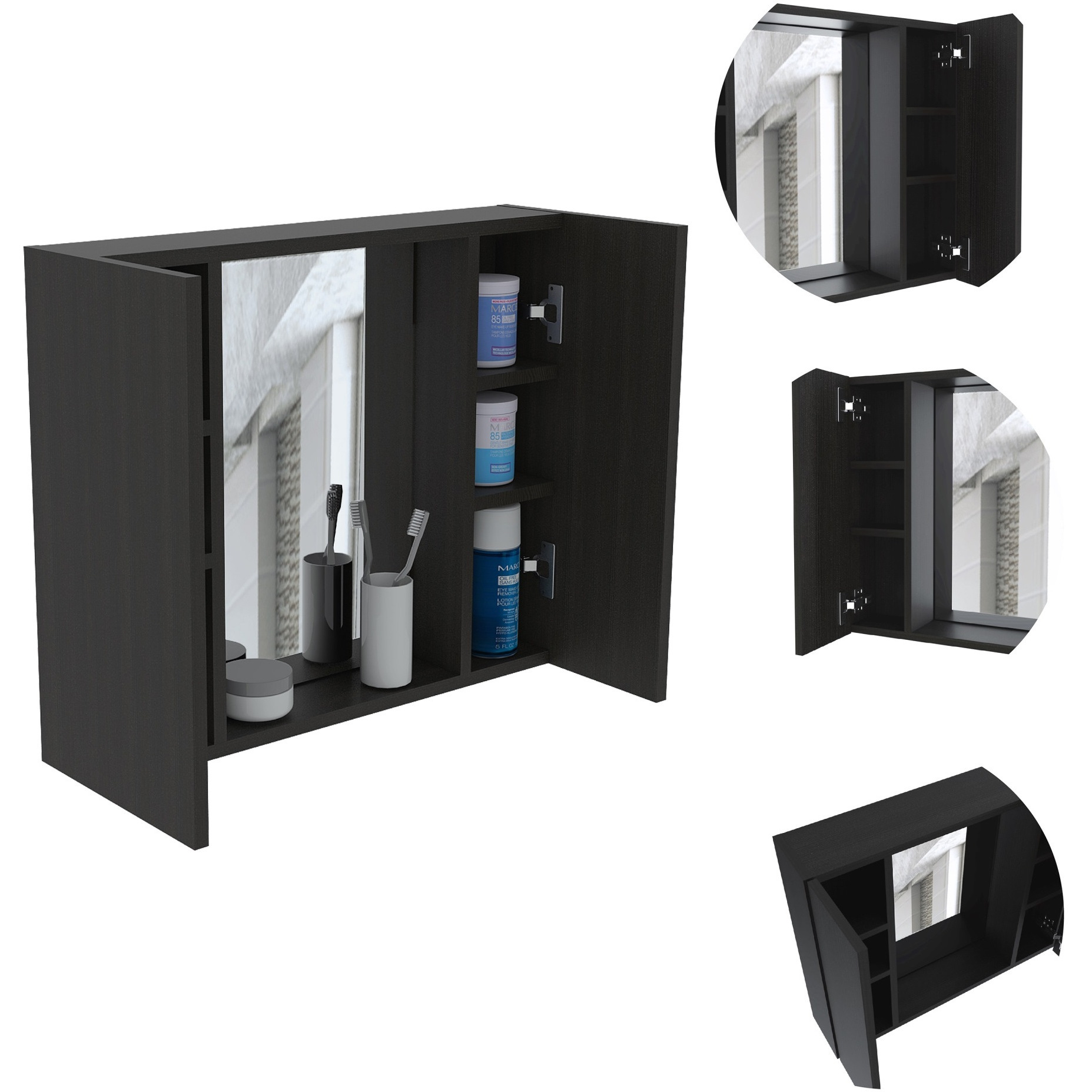 TUHOME Artemisa Medicine Cabinet, Two-Door Cabinet, Mirror, One External Shelf-Black, For Bathroom