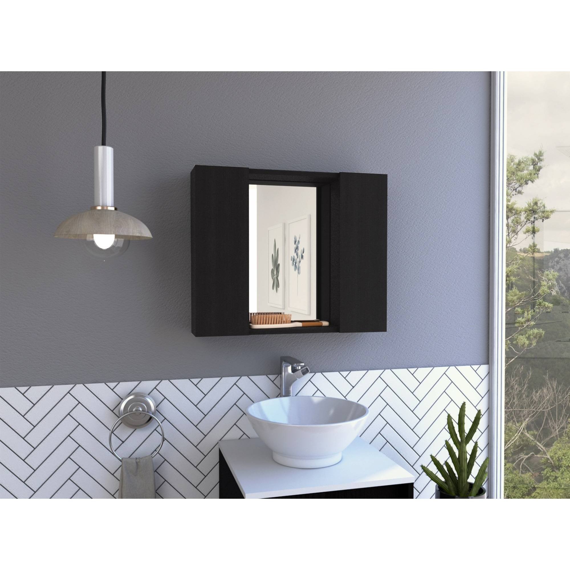 TUHOME Artemisa Medicine Cabinet, Two-Door Cabinet, Mirror, One External Shelf-Black, For Bathroom