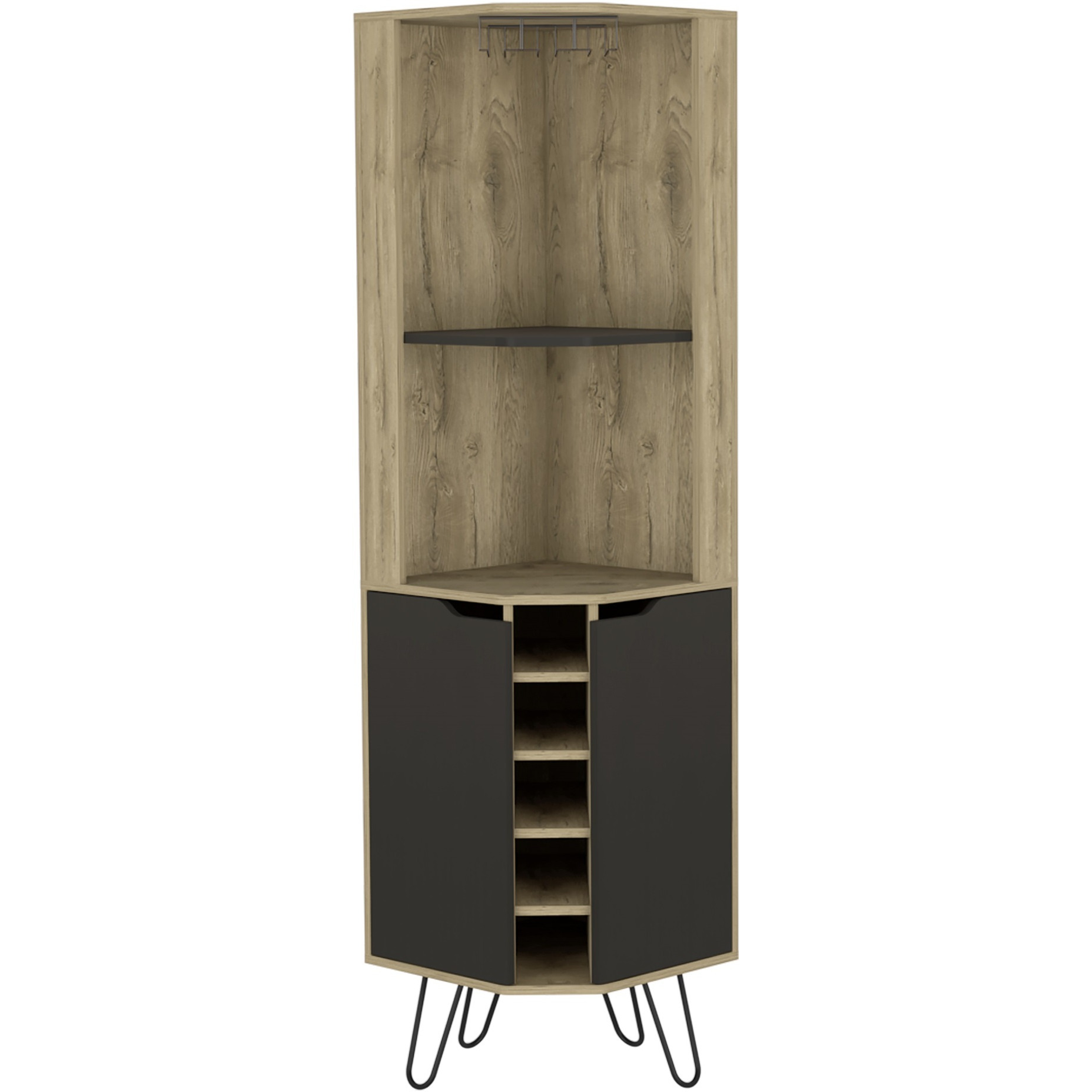 TUHOME Audra Corner Bar Cabinet -Six Wine Cubbies, Two Shelves, Four Shelves With Door, Four Legs-Macadamia/Black, For Living Room