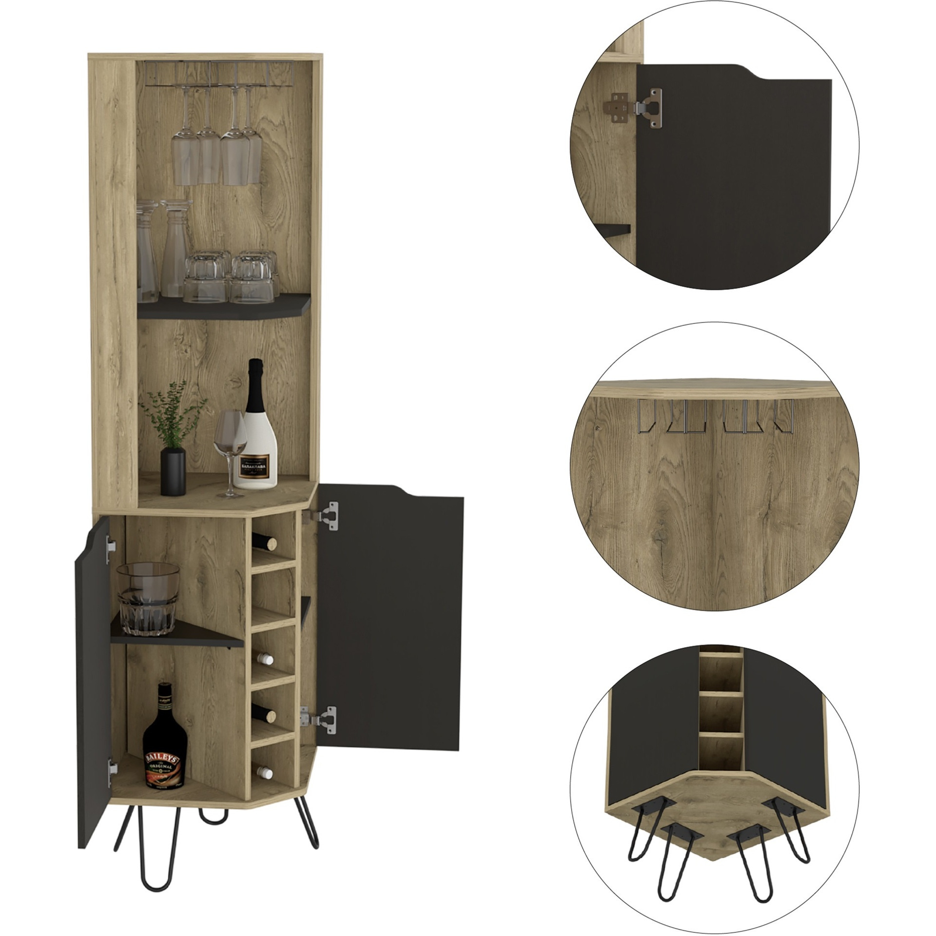 TUHOME Audra Corner Bar Cabinet -Six Wine Cubbies, Two Shelves, Four Shelves With Door, Four Legs-Macadamia/Black, For Living Room