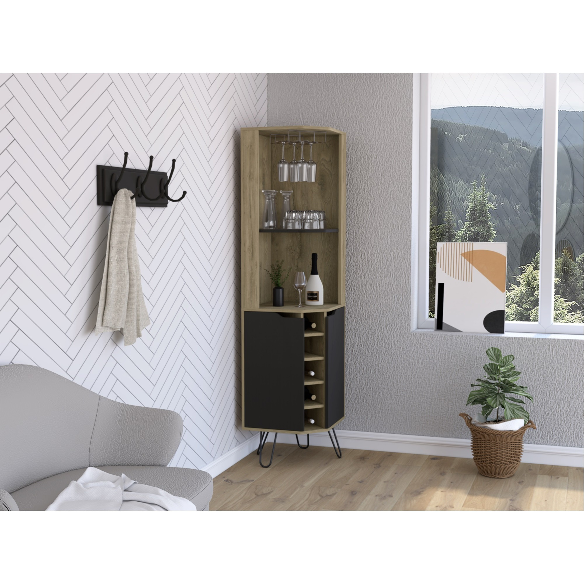 TUHOME Audra Corner Bar Cabinet -Six Wine Cubbies, Two Shelves, Four Shelves With Door, Four Legs-Macadamia/Black, For Living Room