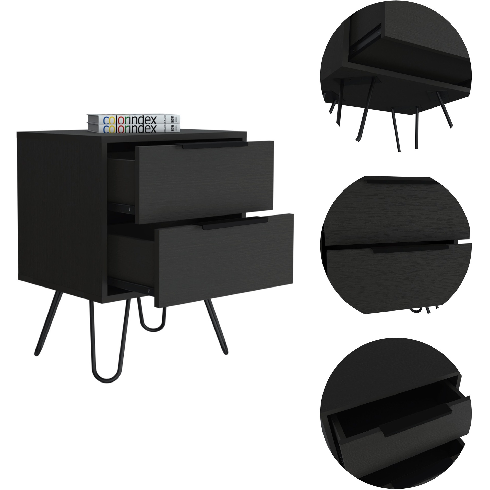 TUHOME Augusta 2 Night Stand- Four Legs, Two Drawers-Black, For Bedroom