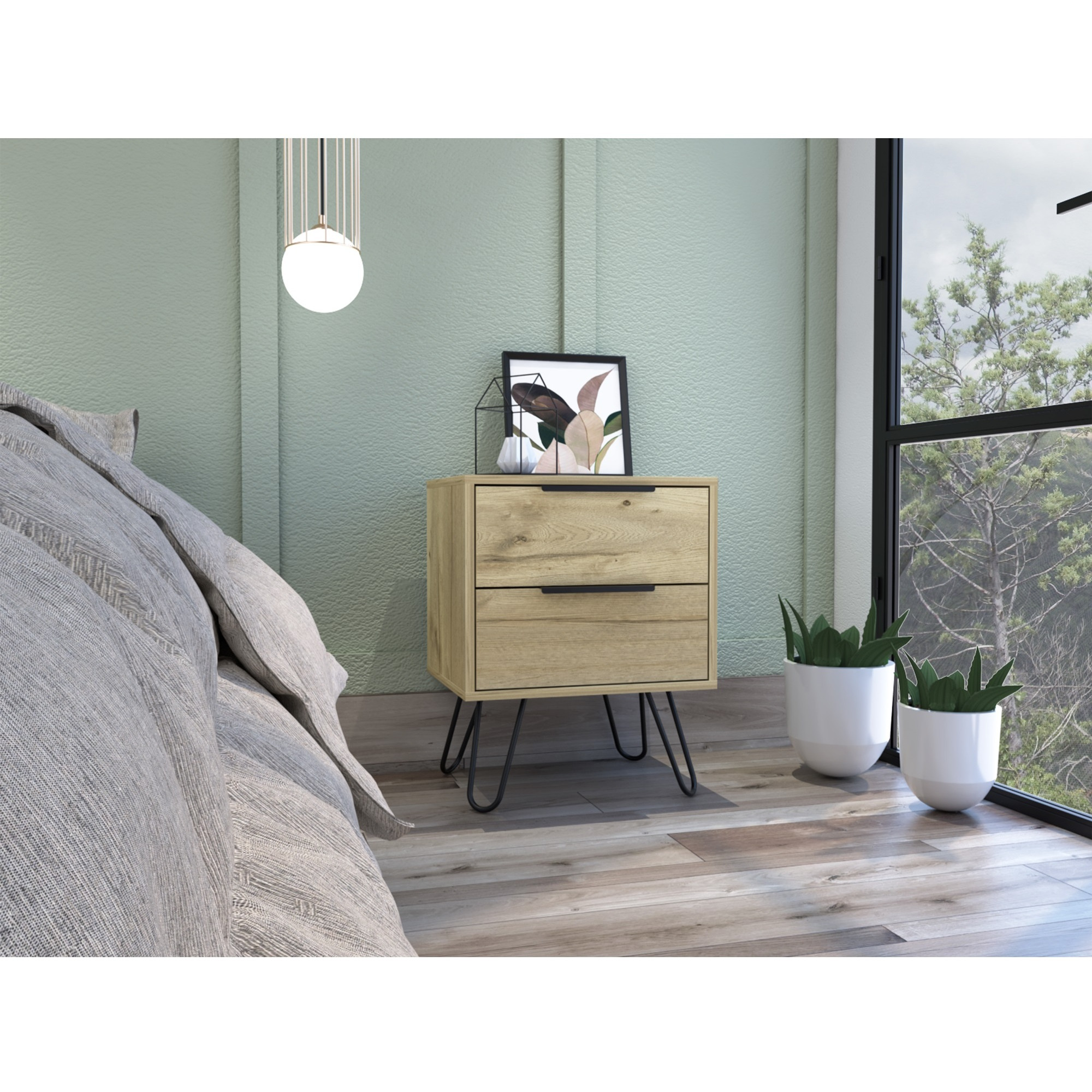 TUHOME Augusta 2 Night Stand- Four Legs, Two Drawers-Light Oak, For Bedroom