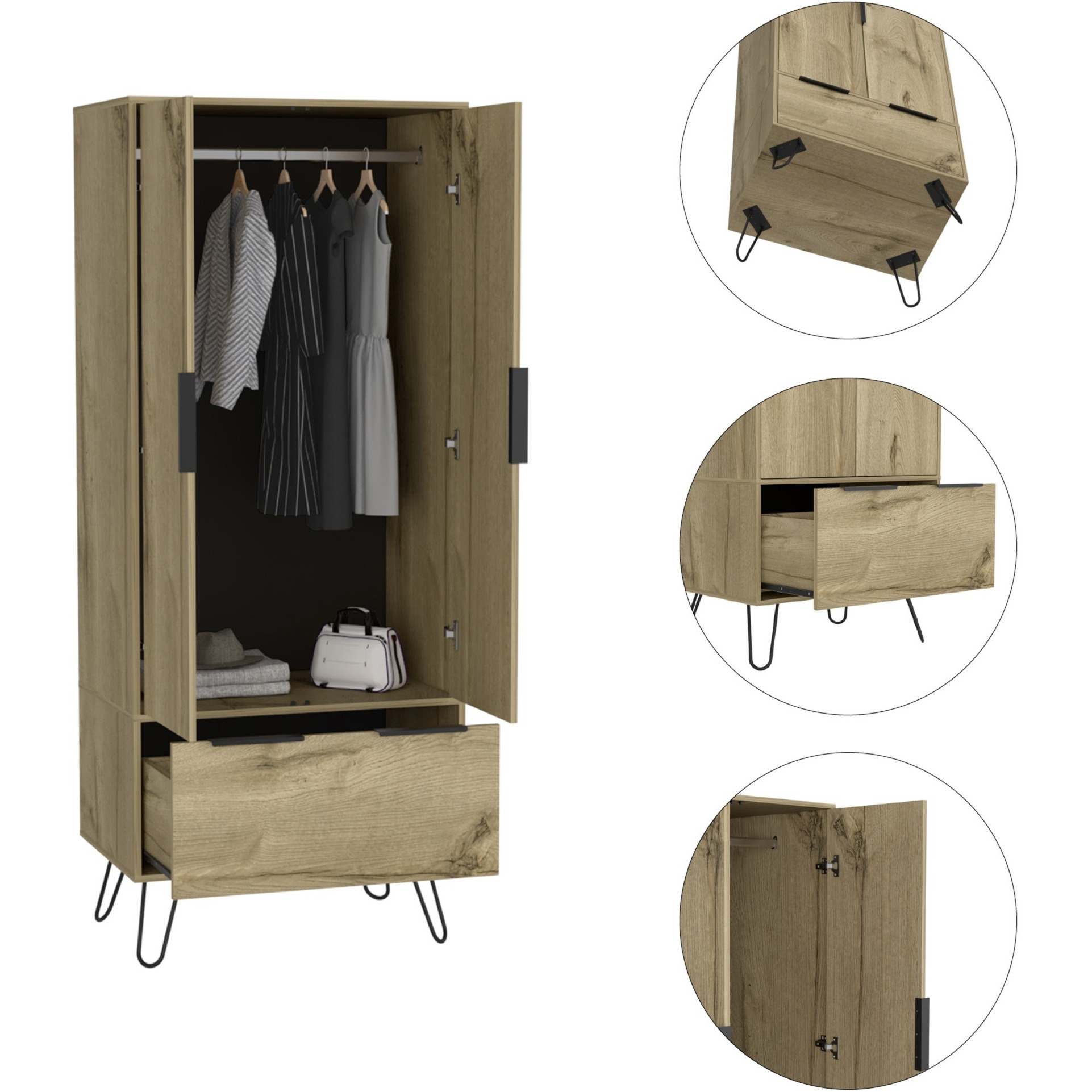 TUHOME Augusta Armoire Closet, Four Steel Legs, One Drawer, Two Door Cabinet-Light Oak, For Bedroom