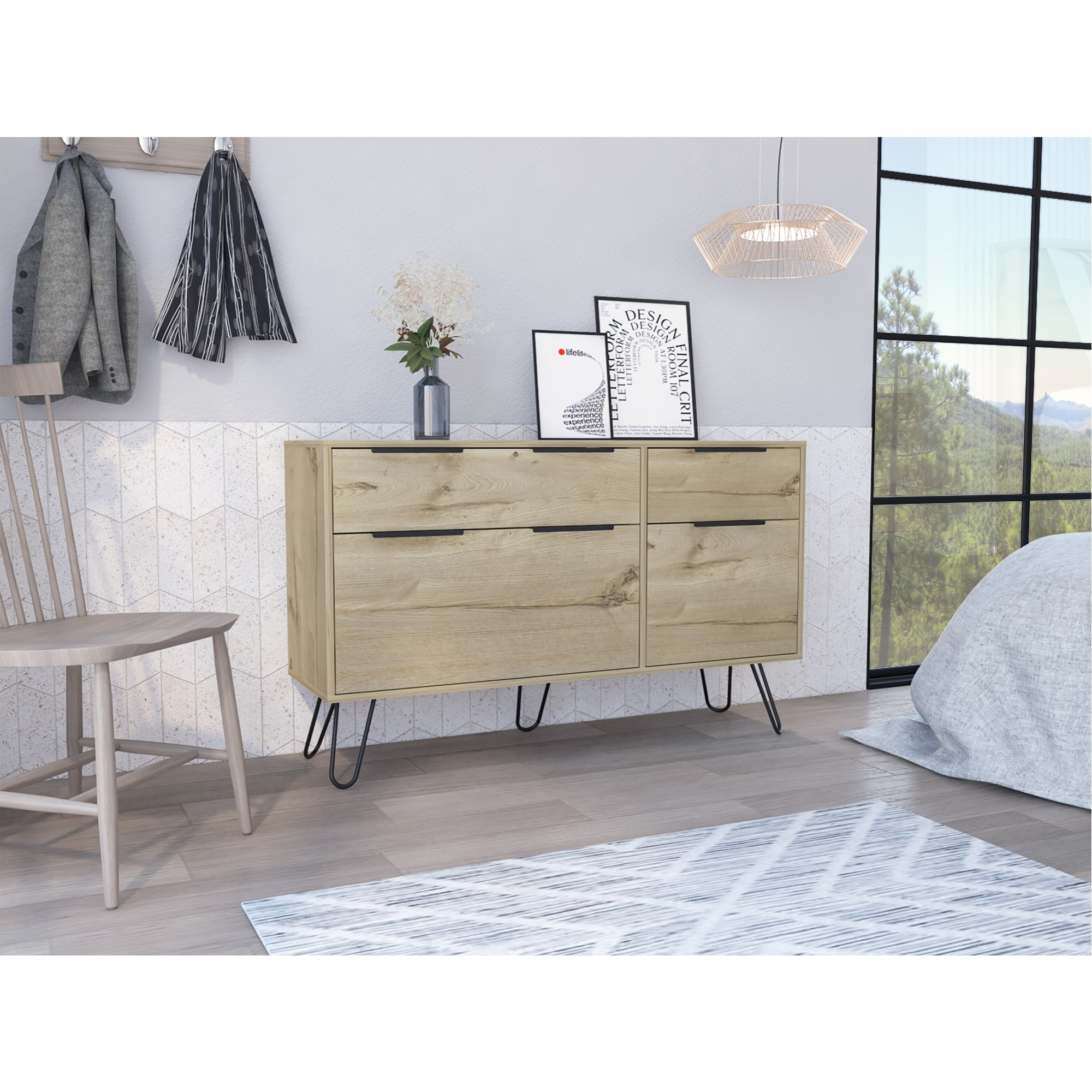 TUHOME Augusta Double Dresser, Countertop, Four Steel Legs, Four Drawers-Light Oak, For Bedroom