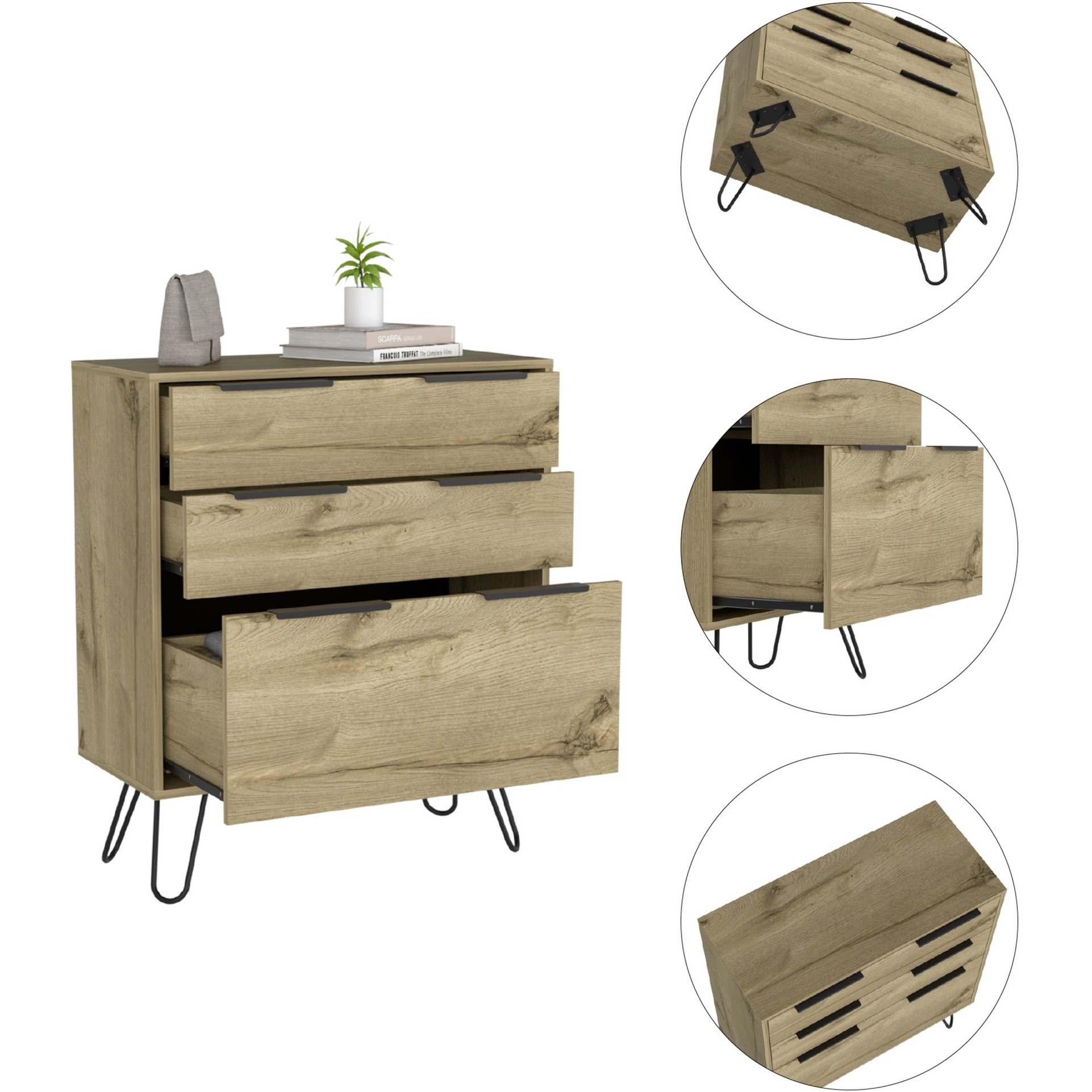 TUHOME Augusta Dresser, Four Steel Legs, Three Drawers, Countertop-Light Oak, For Bedroom