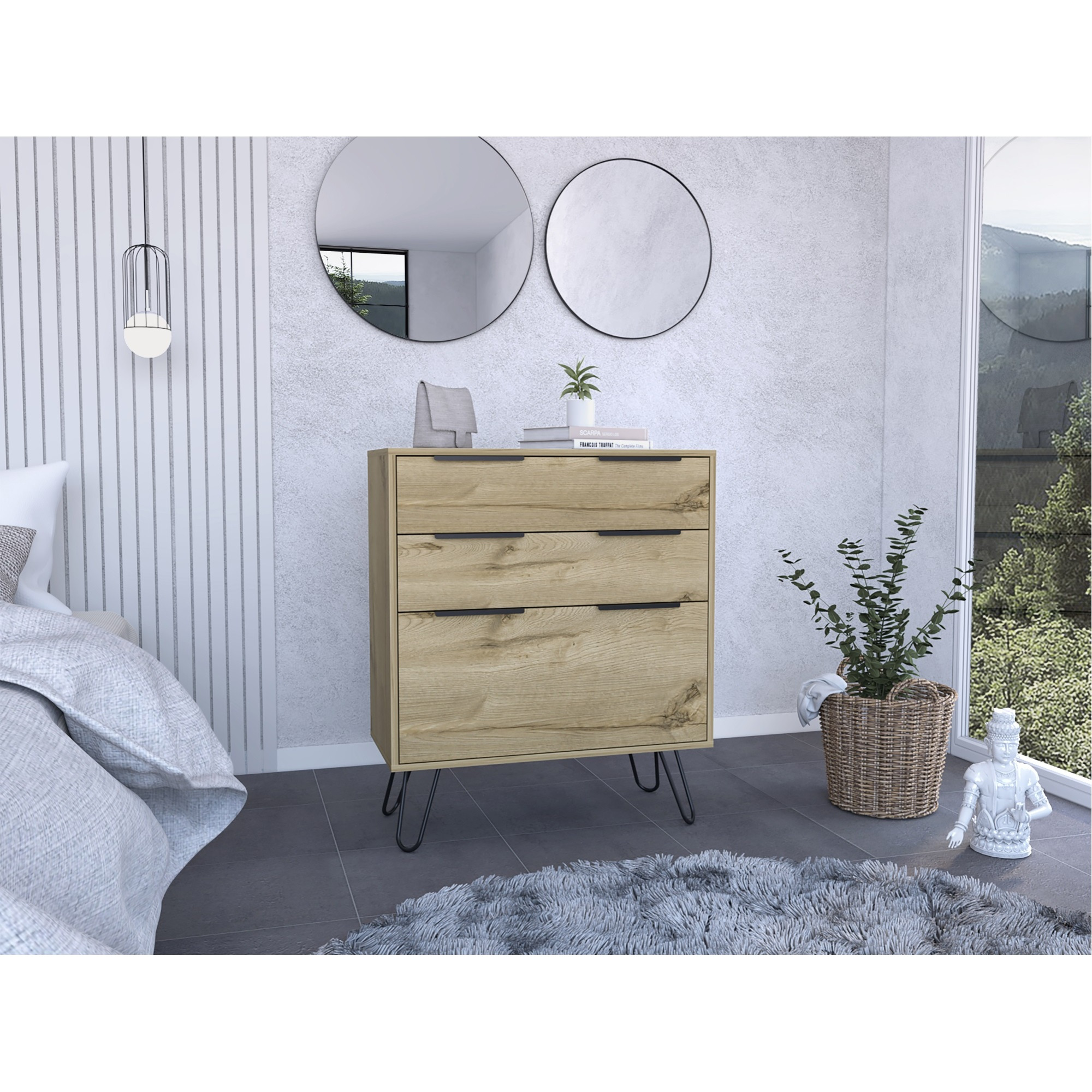 TUHOME Augusta Dresser, Four Steel Legs, Three Drawers, Countertop-Light Oak, For Bedroom
