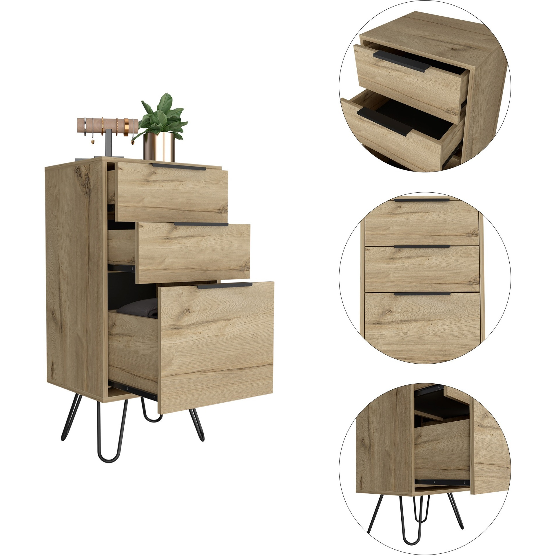 TUHOME Augusta Light Dresser, Four Steel Legs Countertop,Three Drawers-Light Oak, For Bedroom