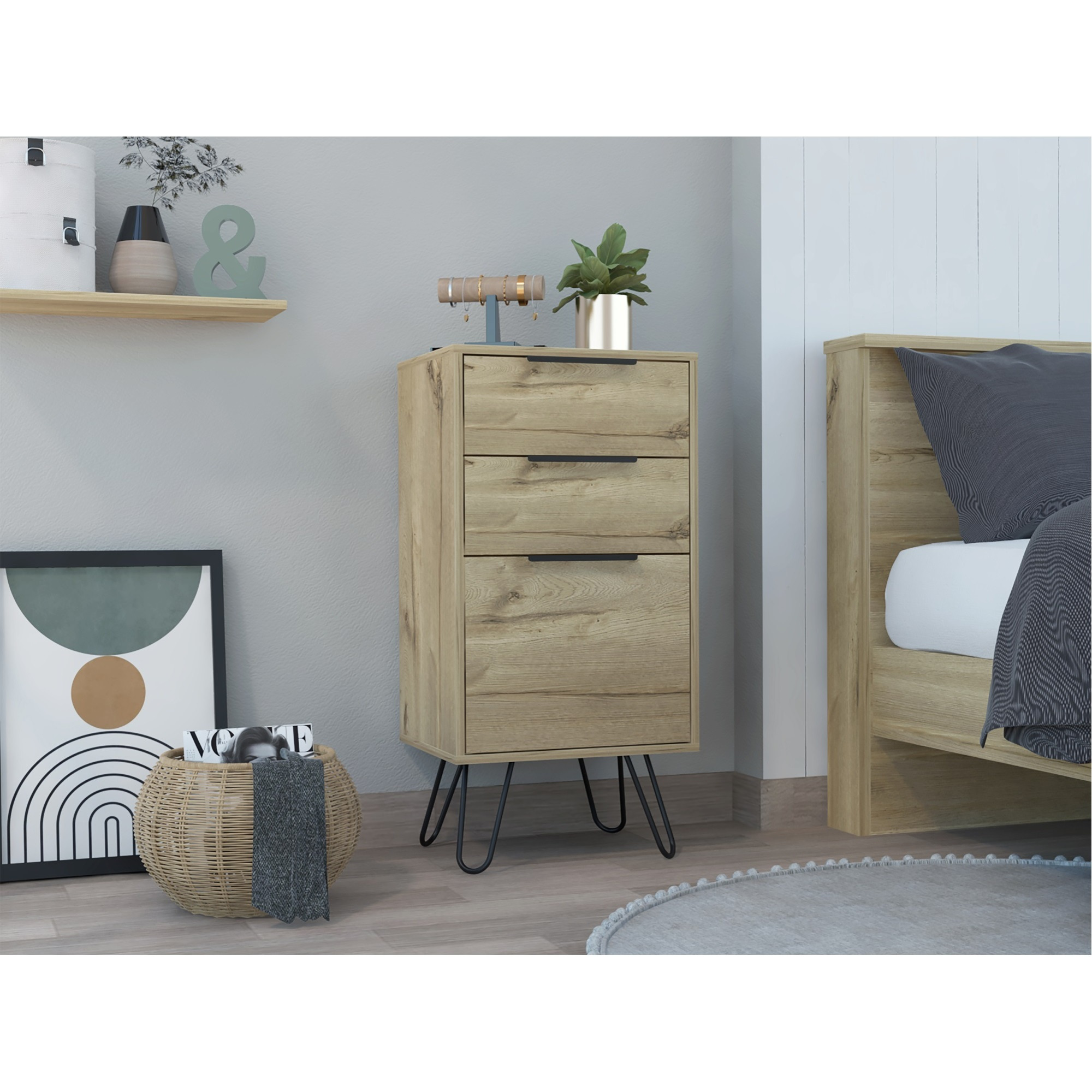 TUHOME Augusta Light Dresser, Four Steel Legs Countertop,Three Drawers-Light Oak, For Bedroom
