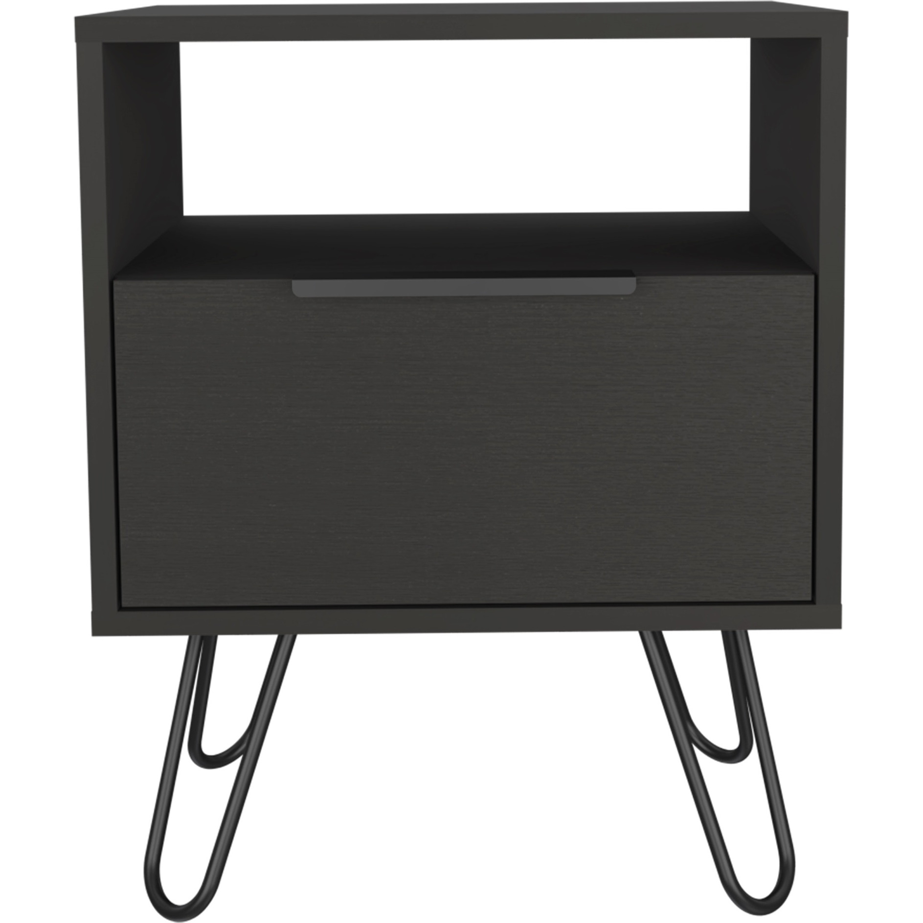 TUHOME Augusta Night Stand, Two Shelves, One-Door Drawer, Four Steel Legs-Black, For Bedroom
