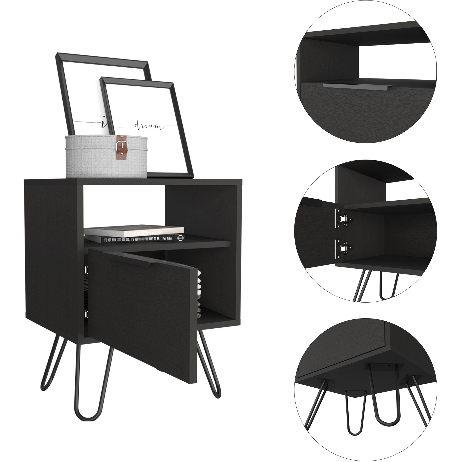 TUHOME Augusta Night Stand, Two Shelves, One-Door Drawer, Four Steel Legs-Black, For Bedroom