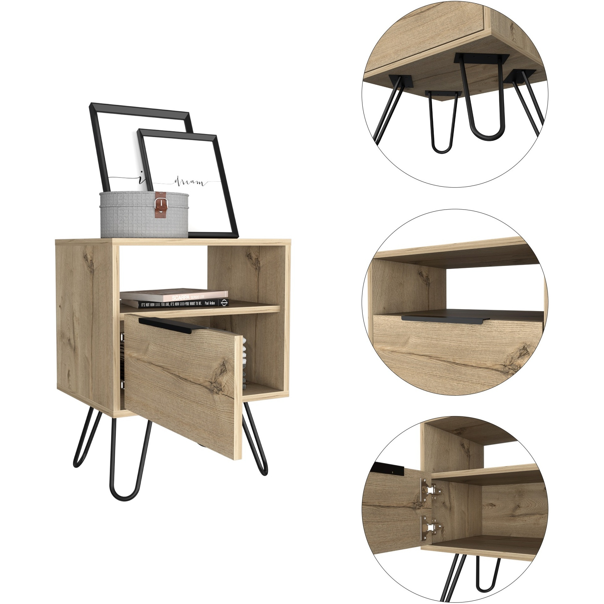 TUHOME Augusta Night Stand, Four Steel Legs, Two Shelves, One-Door Drawer-Light Oak, For Bedroom