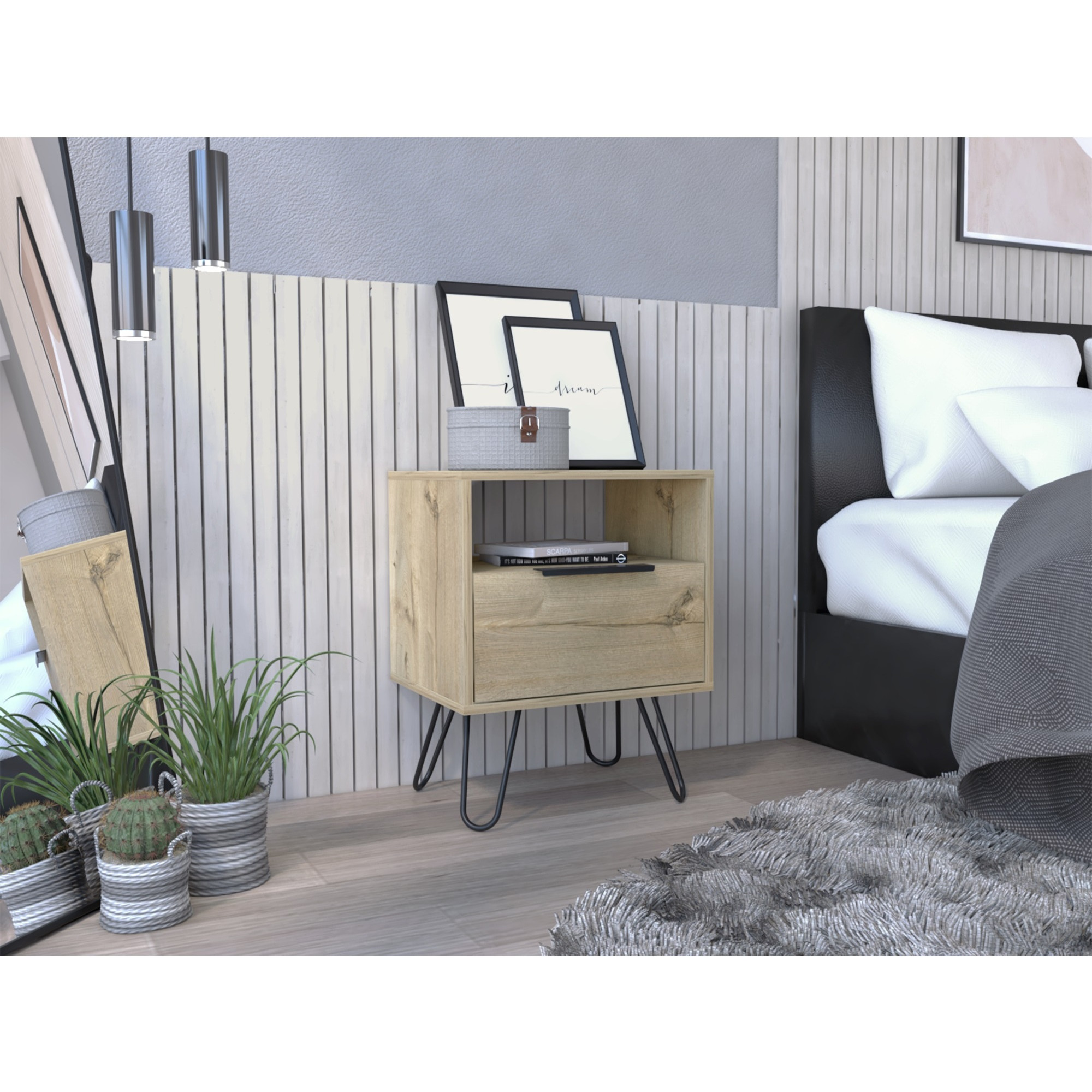 TUHOME Augusta Night Stand, Four Steel Legs, Two Shelves, One-Door Drawer-Light Oak, For Bedroom