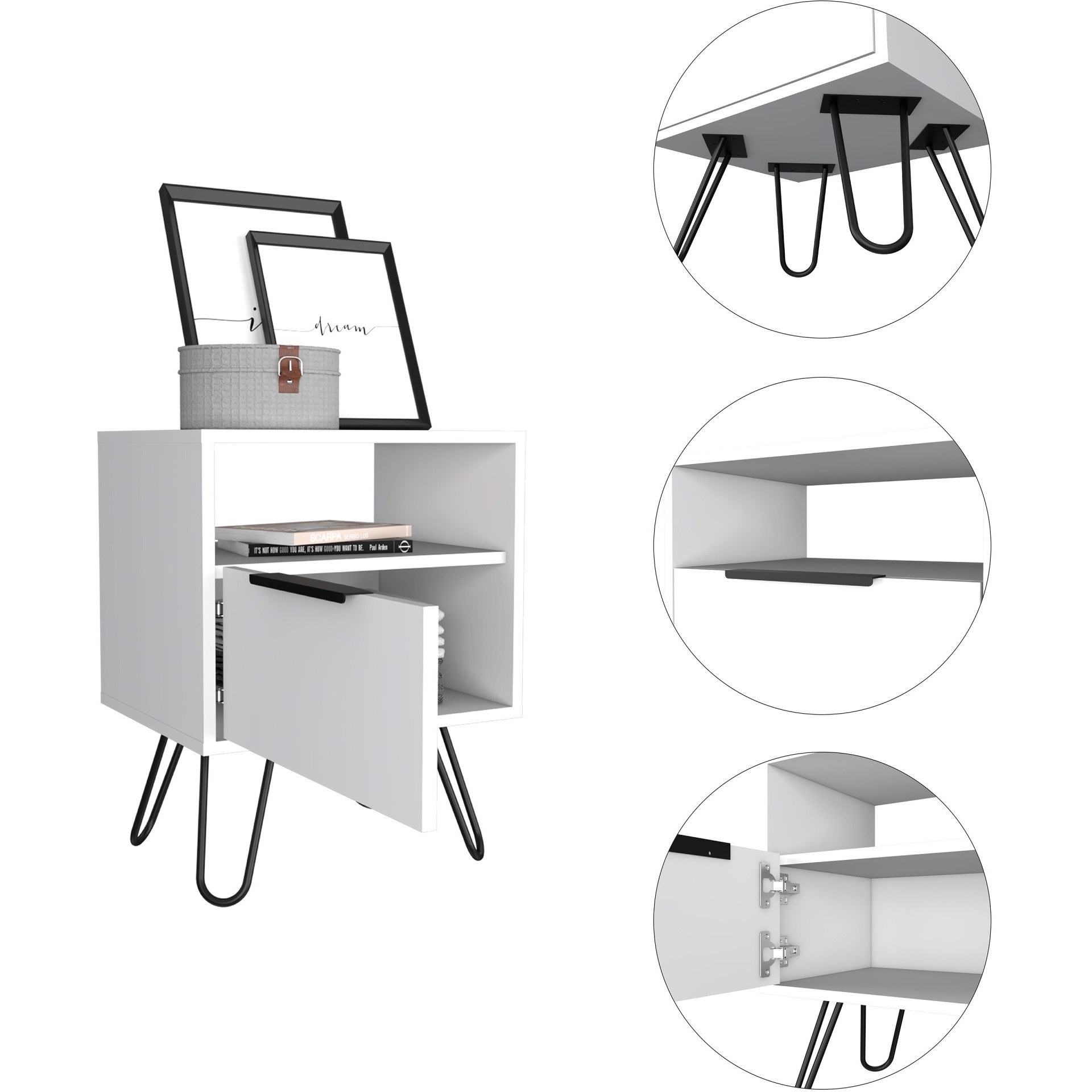 TUHOME Augusta Night Stand, Four Steel Legs, Two Shelves, One-Door Drawer-White, For Bedroom