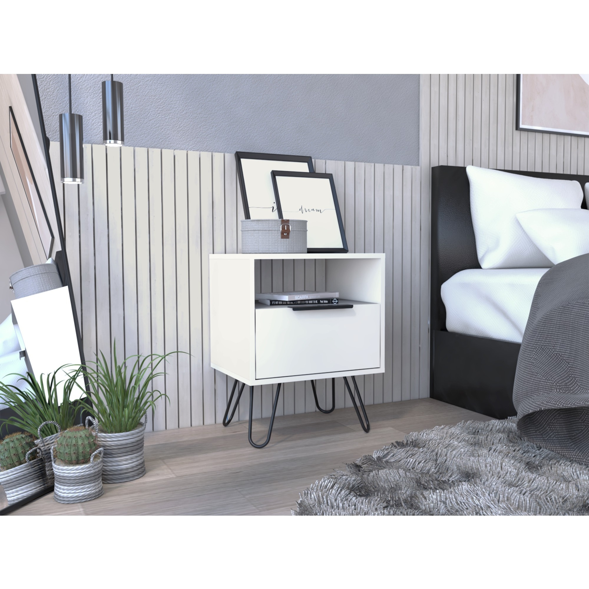 TUHOME Augusta Night Stand, Four Steel Legs, Two Shelves, One-Door Drawer-White, For Bedroom