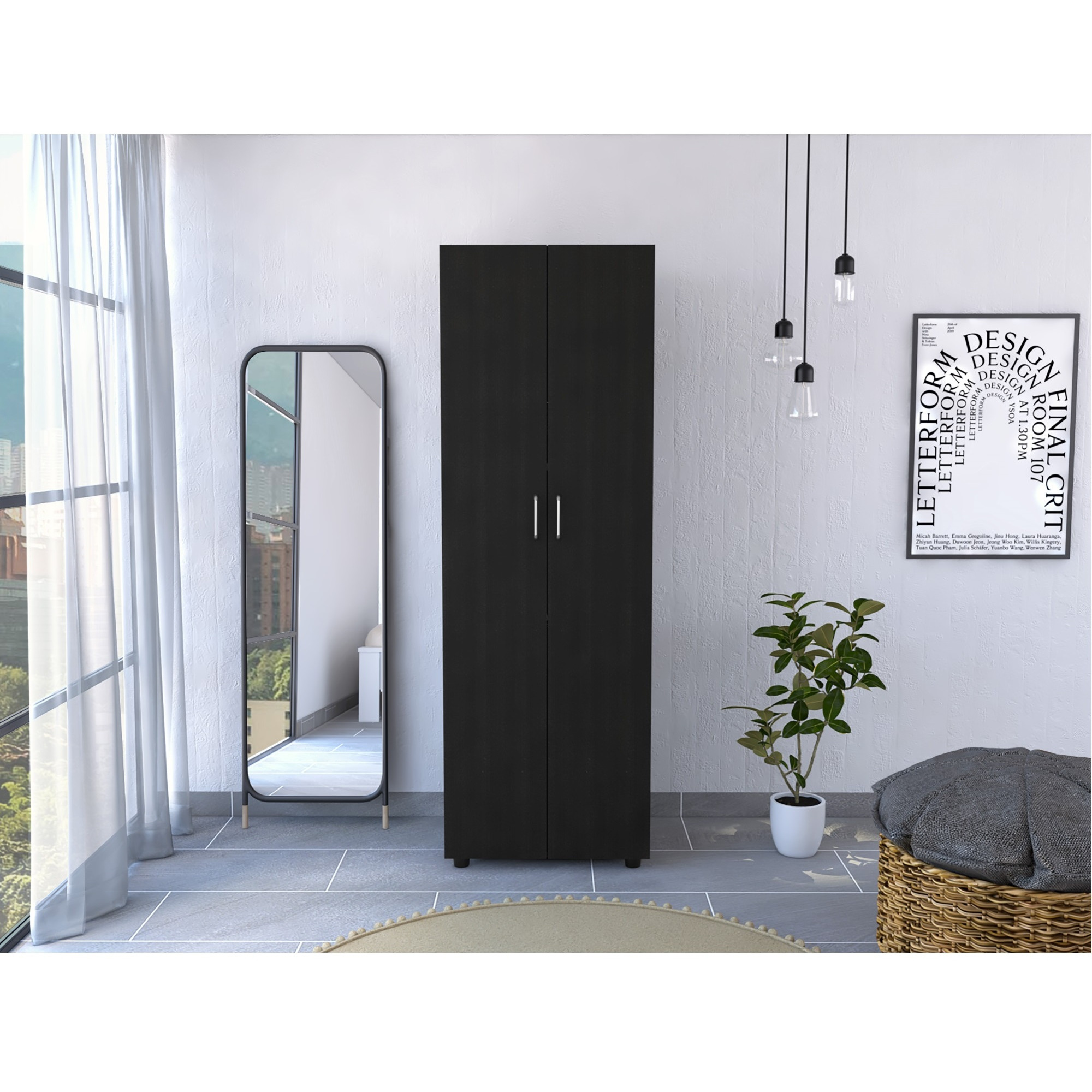 TUHOME Aurora Armoire, Two Internal Shelves, Rod, Two-Door Armoire-Black, For Bedroom
