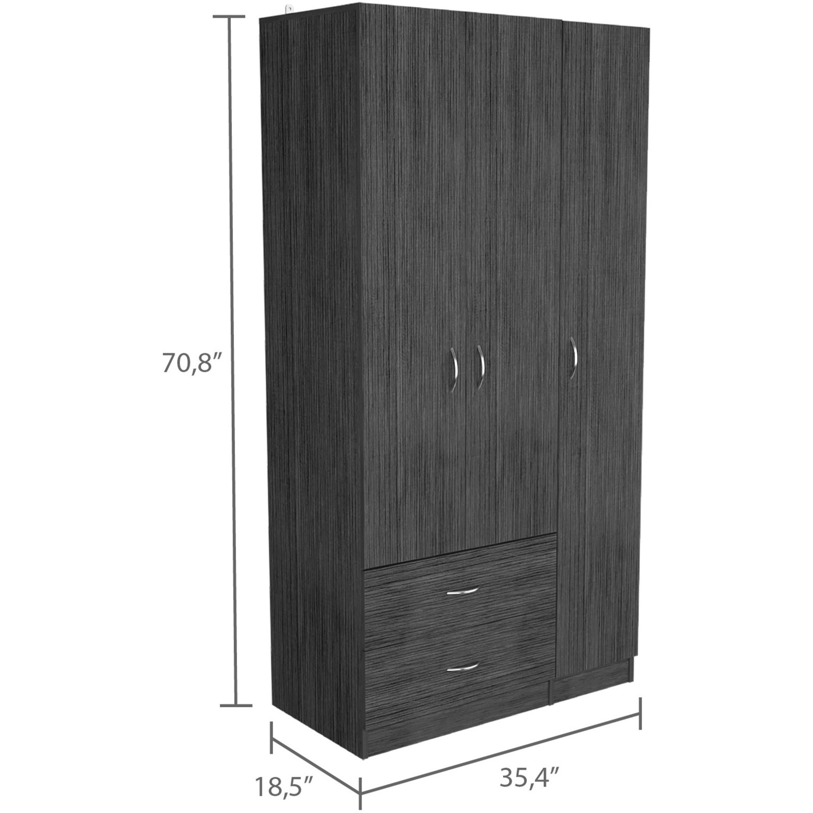 TUHOME Austral 3 Doors Armoire, Metal Rod, Two Drawers, One Door Cabinet, Two Door Cabinets, Smoky Oak/White, For Bedroom