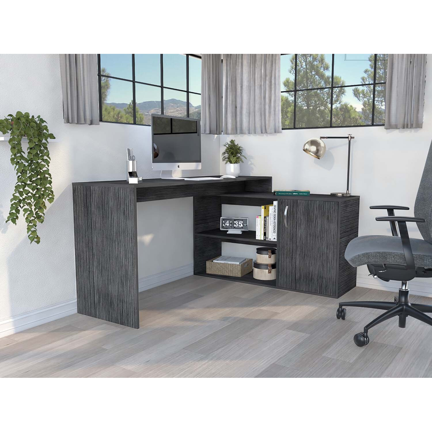 TUHOME Axis Desk, Countertop Desk, Two Internal Shelves, One Door Cabinet, Two Open Shelves, Smoky Oak, For Office