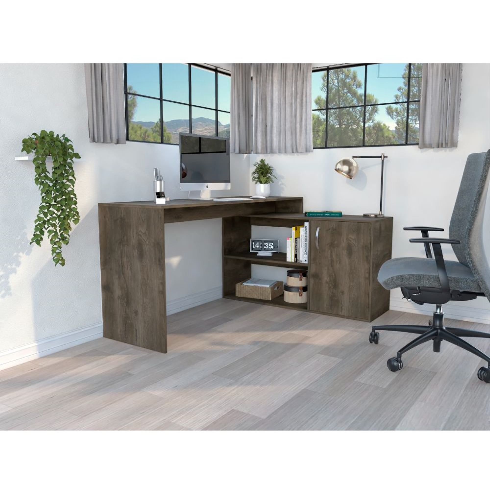 TUHOME Axis Desk, Countertop Desk, Two Internal Shelves, One Door Cabinet, Two Open Shelves, Dark Brown, For Livingroom