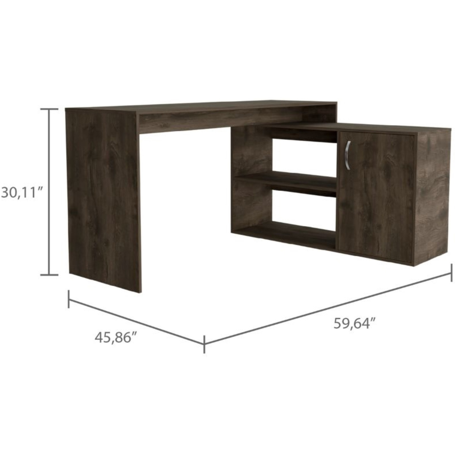 TUHOME Axis Desk, Countertop Desk, Two Internal Shelves, One Door Cabinet, Two Open Shelves, Dark Brown, For Livingroom
