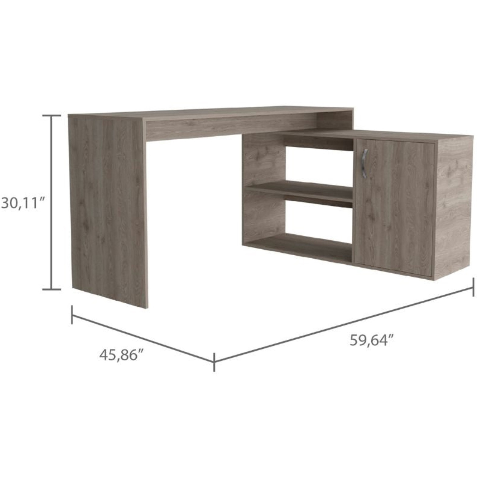 TUHOME Axis Desk, Countertop Desk, Two Internal Shelves, One Door Cabinet, Two Open Shelves, Light Grey, For Livingroom