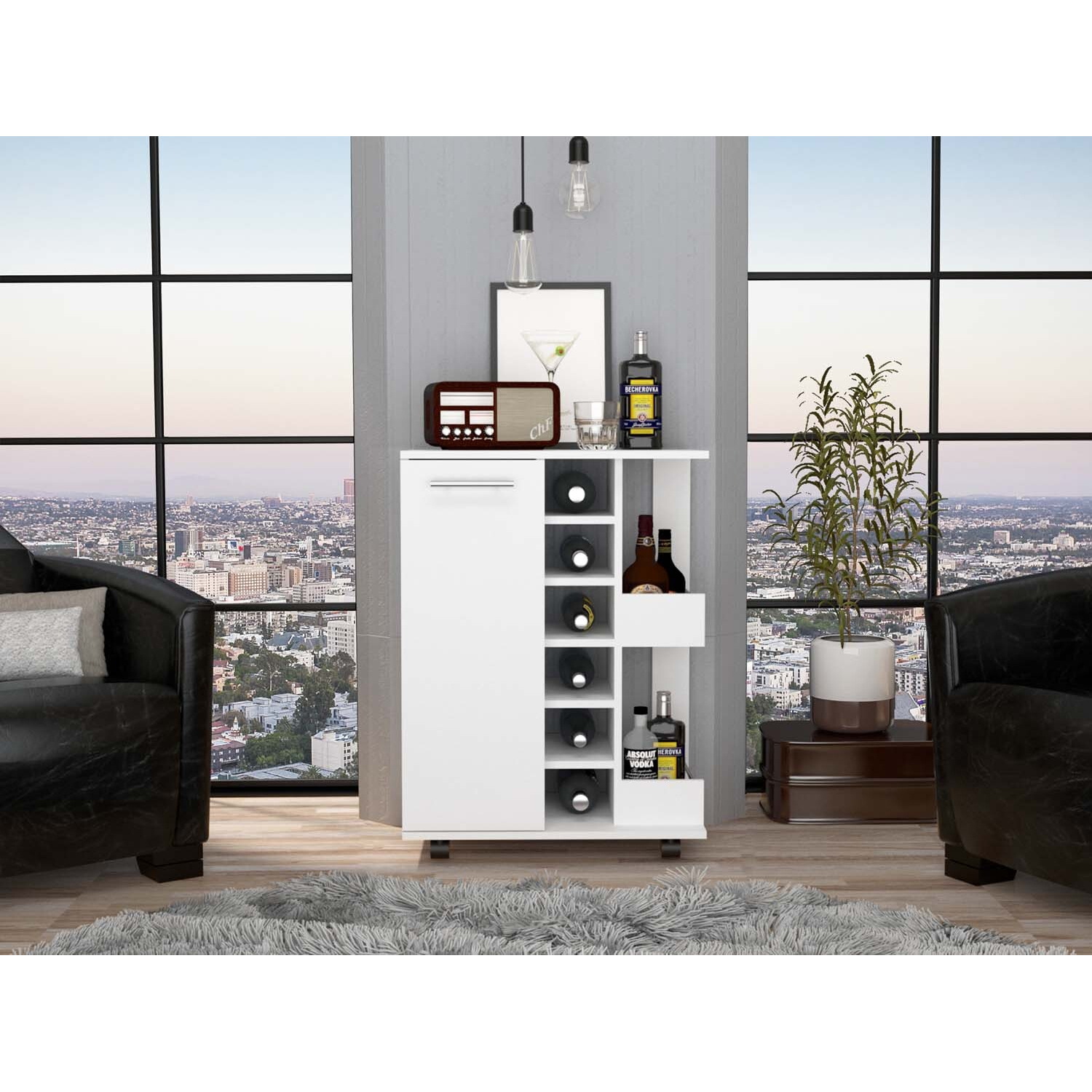 TUHOME Bar Cart, Two External Shelves, Four Caster Wheels, Six Wine Cubbies, One-Door Cabinet, Countertop, White, For Living Room