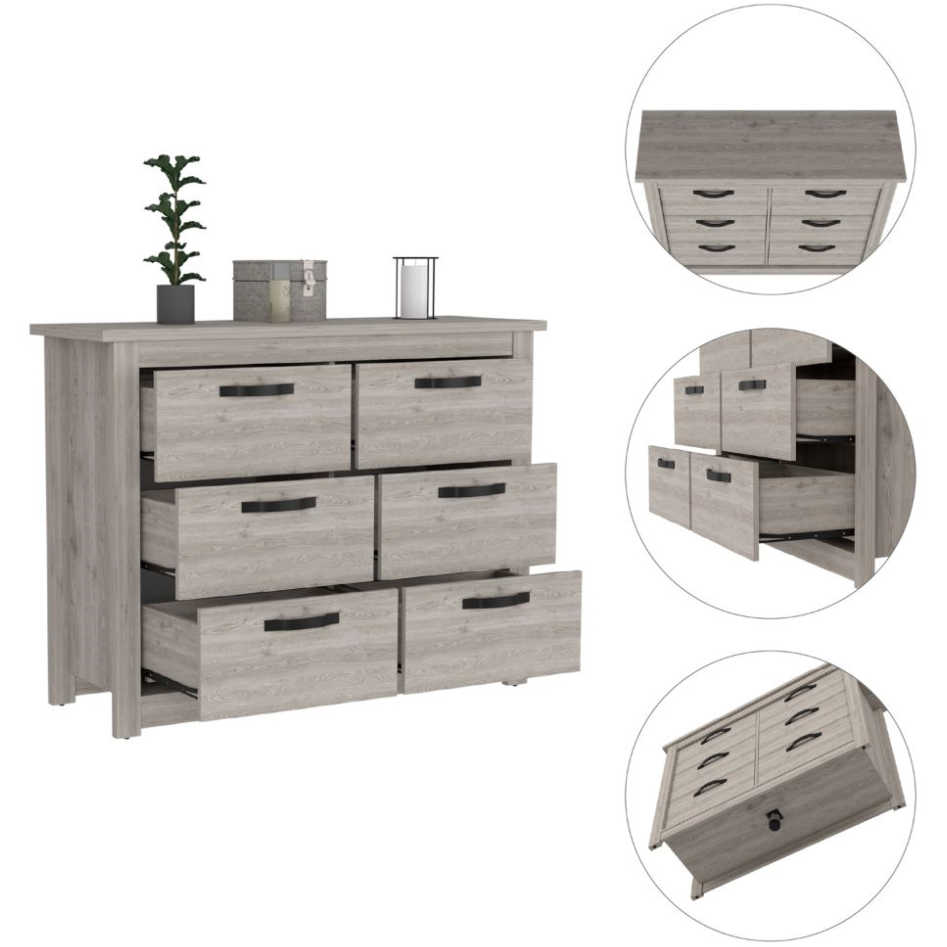 TUHOME Becca 6 Drawer Double Dresser , Four Legs, Metal Hardware, Countertop-Light Grey, For Bedroom