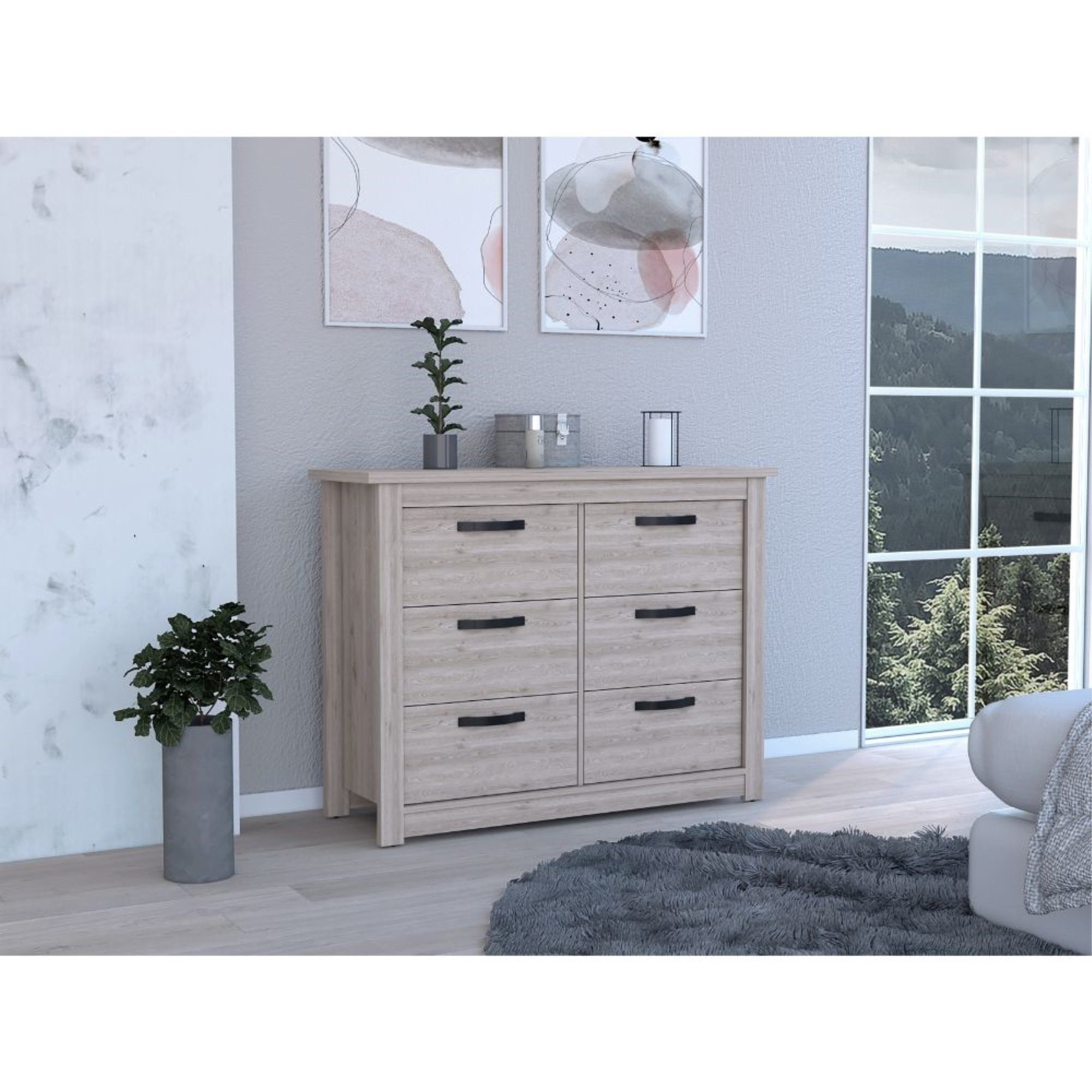 TUHOME Becca 6 Drawer Double Dresser , Four Legs, Metal Hardware, Countertop-Light Grey, For Bedroom