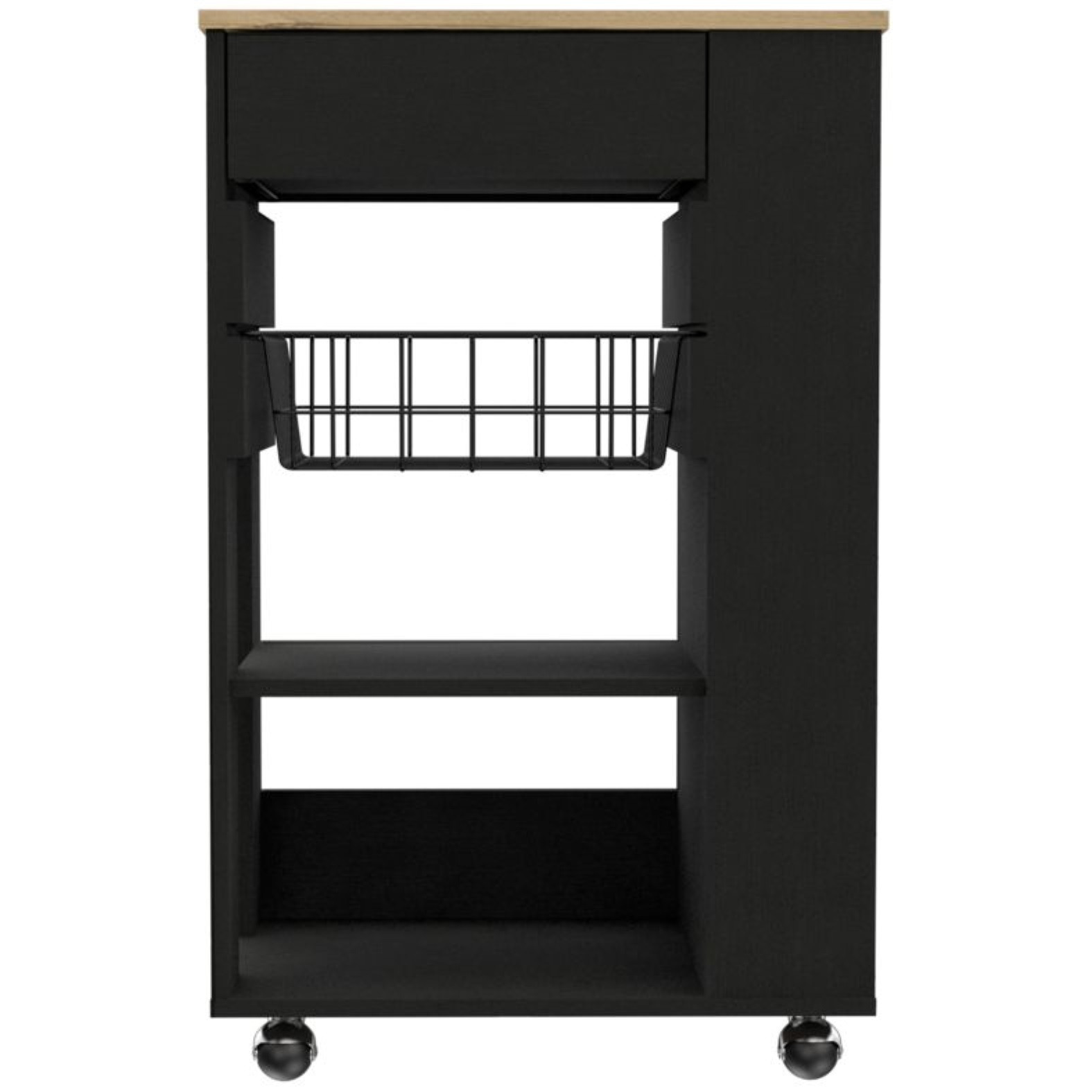 TUHOME Blosson Kitchen Cart,  One Drawer, Two Open Shelves, Rack, Four Caster Wheels-Black-Light Oak, For Kitchen Room