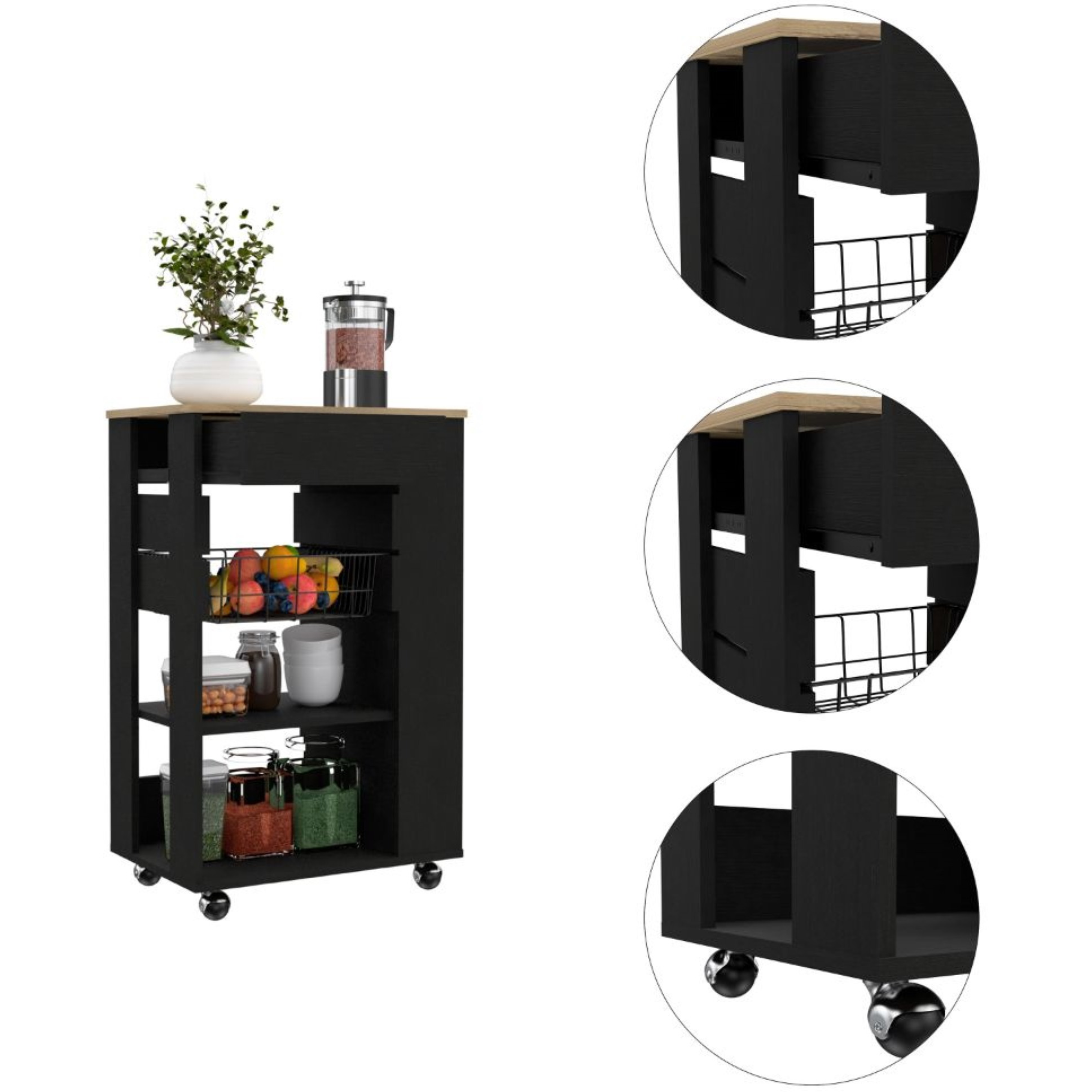 TUHOME Blosson Kitchen Cart,  One Drawer, Two Open Shelves, Rack, Four Caster Wheels-Black-Light Oak, For Kitchen Room