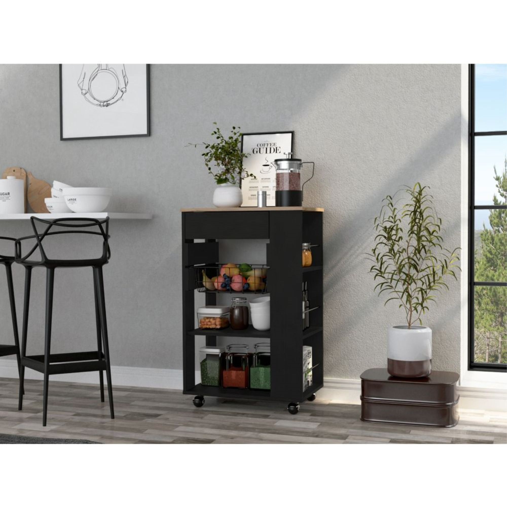 TUHOME Blosson Kitchen Cart,  One Drawer, Two Open Shelves, Rack, Four Caster Wheels-Black-Light Oak, For Kitchen Room