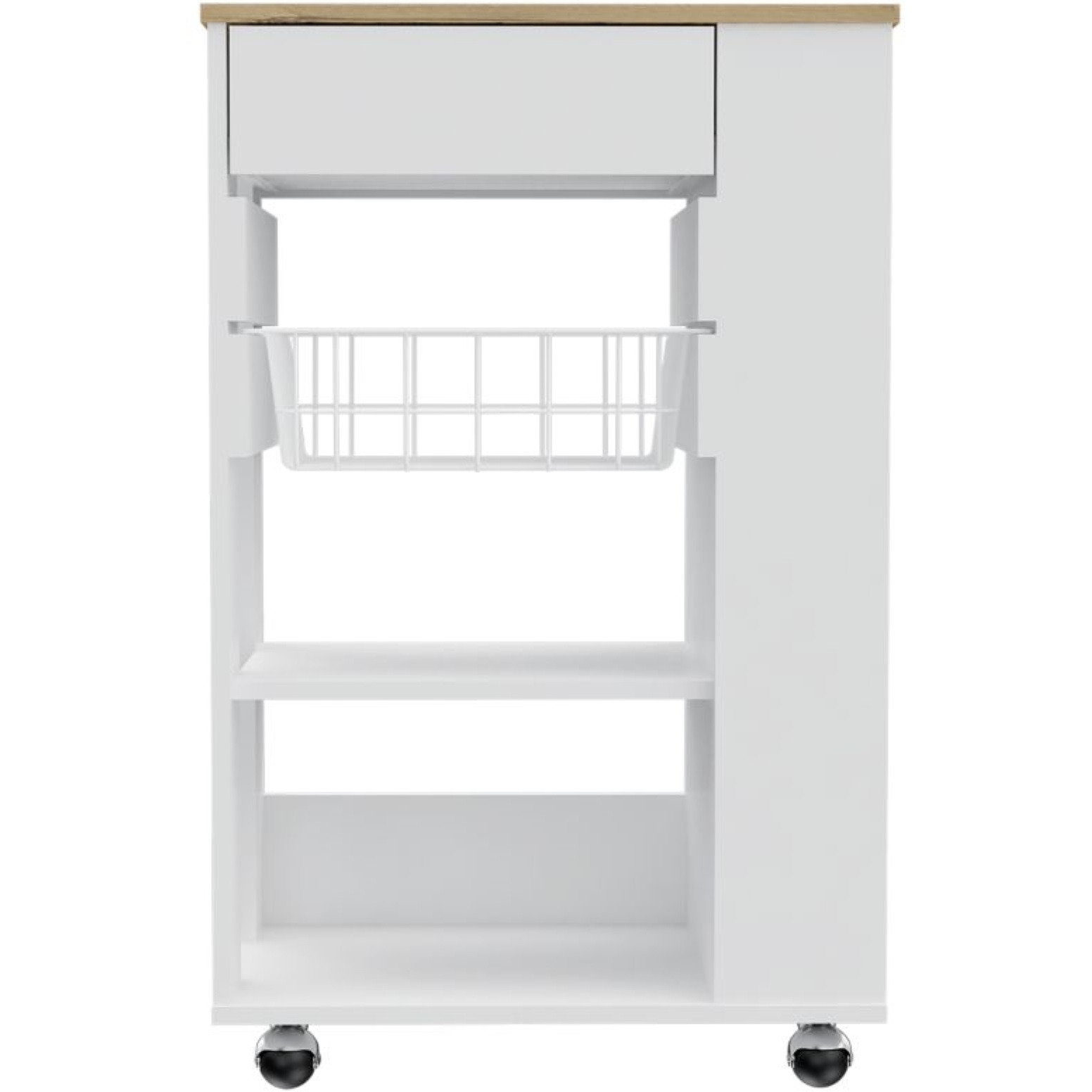 TUHOME Blosson Kitchen Cart,  One Drawer, Two Open Shelves, Rack, Four Caster Wheels-White-Light Oak, For Kitchen Room