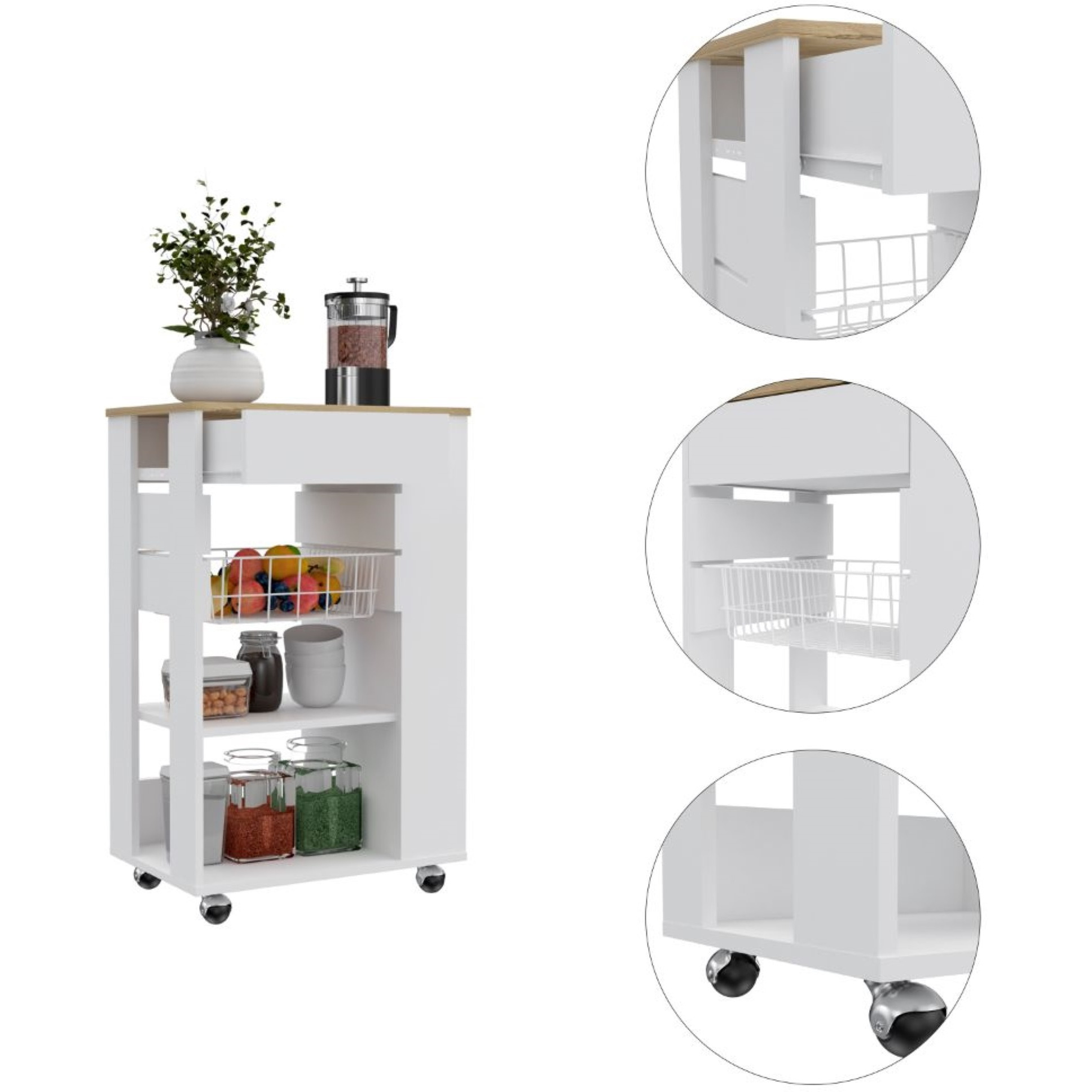 TUHOME Blosson Kitchen Cart,  One Drawer, Two Open Shelves, Rack, Four Caster Wheels-White-Light Oak, For Kitchen Room