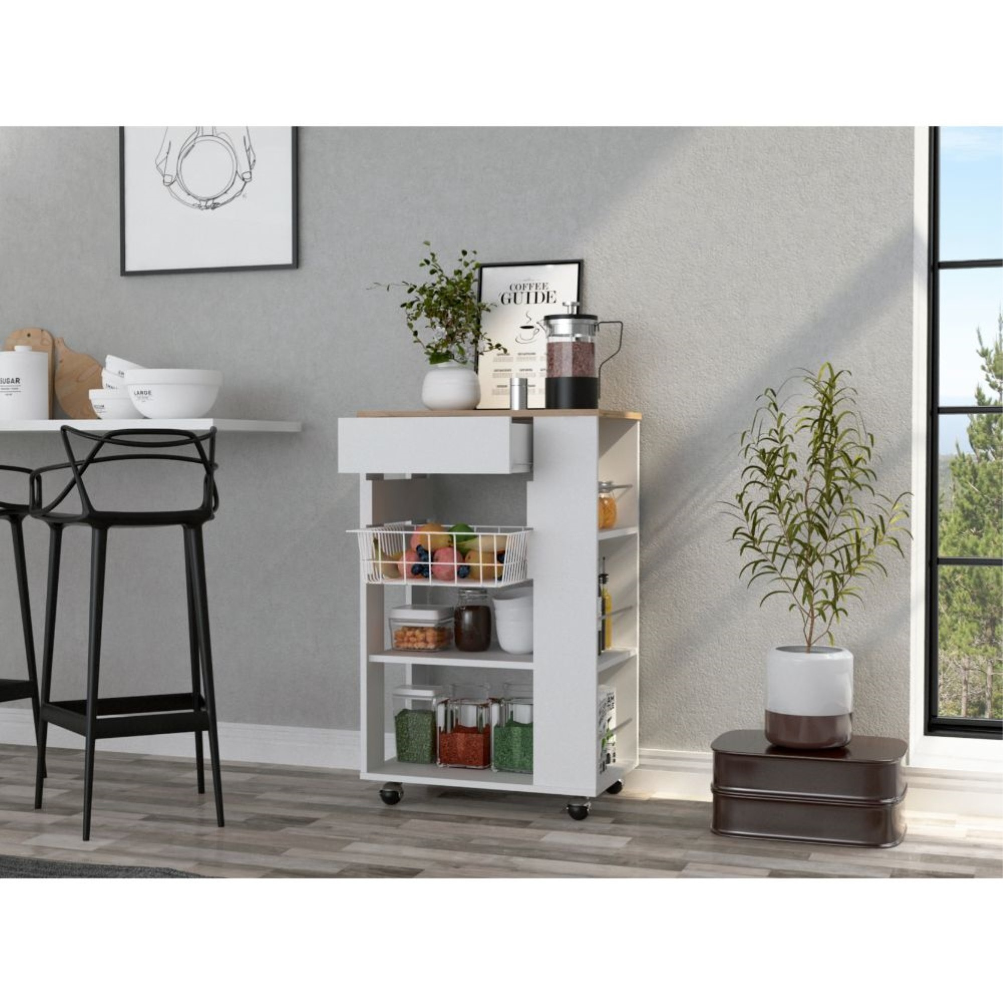 TUHOME Blosson Kitchen Cart,  One Drawer, Two Open Shelves, Rack, Four Caster Wheels-White-Light Oak, For Kitchen Room
