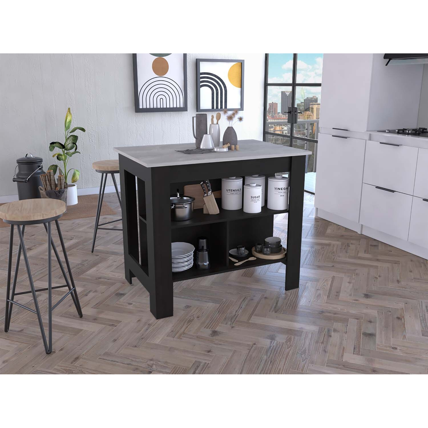 TUHOME Cala Kitchen Island , Four Legs, Three Shelves, Countertop Table, Black/Ibiza Marble, For Kitchen Room