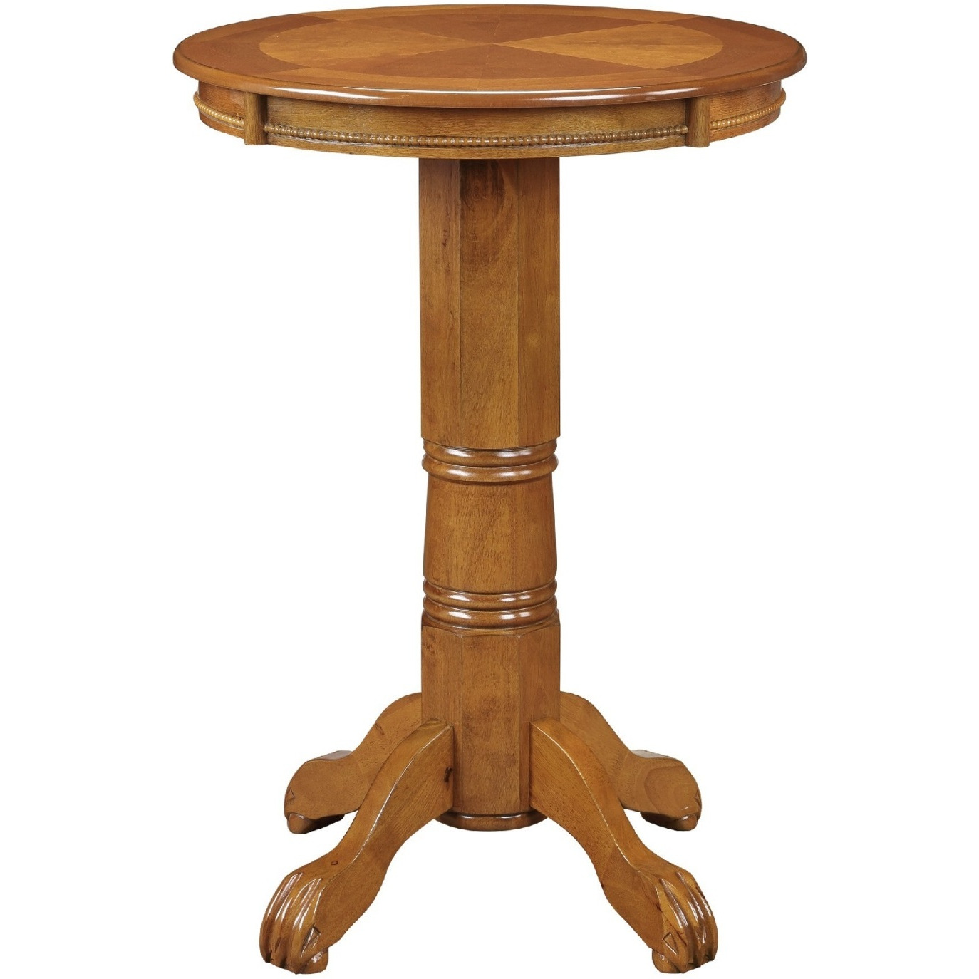 Ava 42 Inch Wood Pub Bar Table, Sunburst Design, Carved Pedestal, Oak