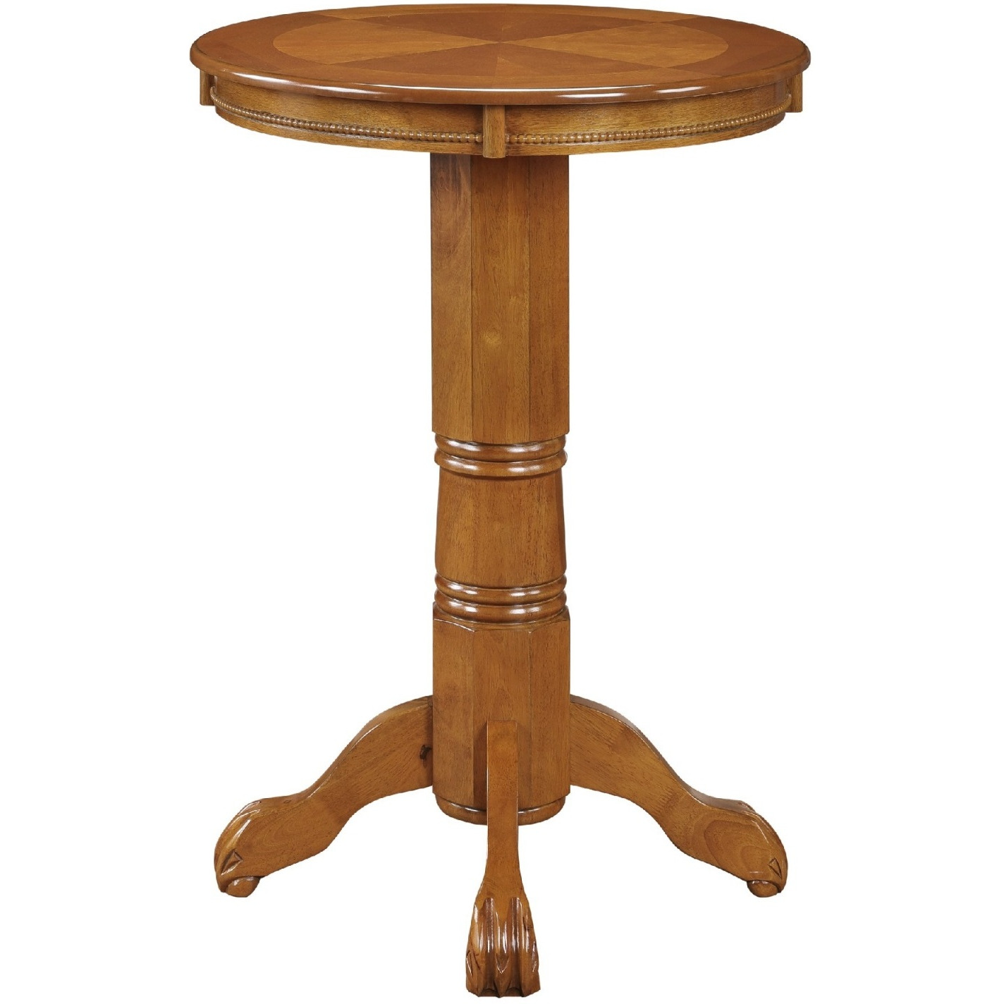 Ava 42 Inch Wood Pub Bar Table, Sunburst Design, Carved Pedestal, Oak