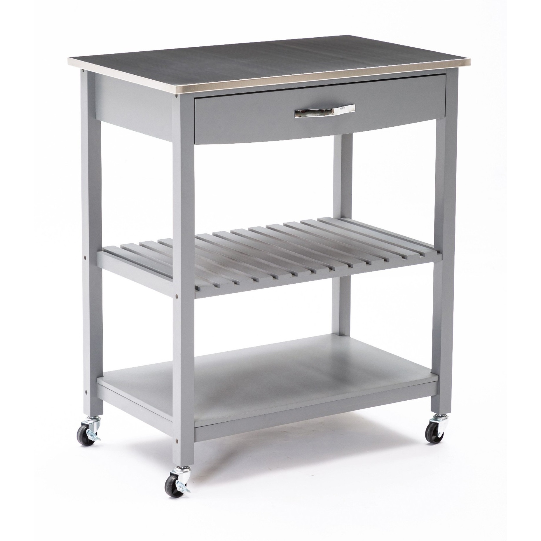38 Inch 2 Tier Kitchen Cart Island, Shelf, Steel Top, Lock Casters, Gray