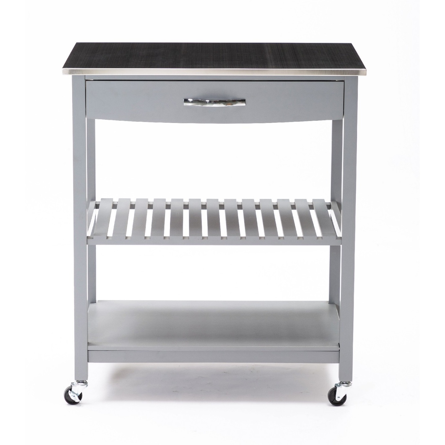 38 Inch 2 Tier Kitchen Cart Island, Shelf, Steel Top, Lock Casters, Gray