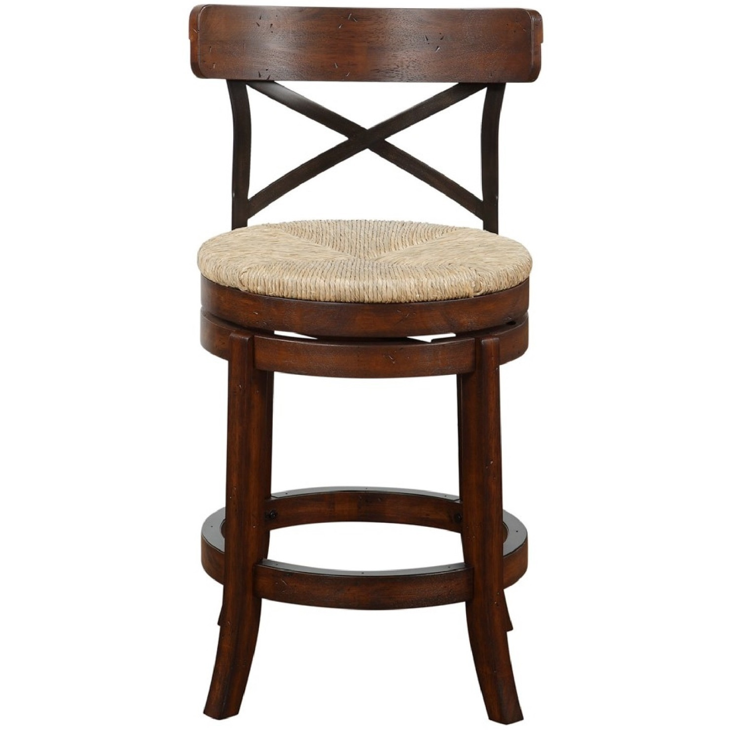 Mia 24 Inch Swivel Counter Stool, Crossed Metal Back, Sedge Seat, Brown