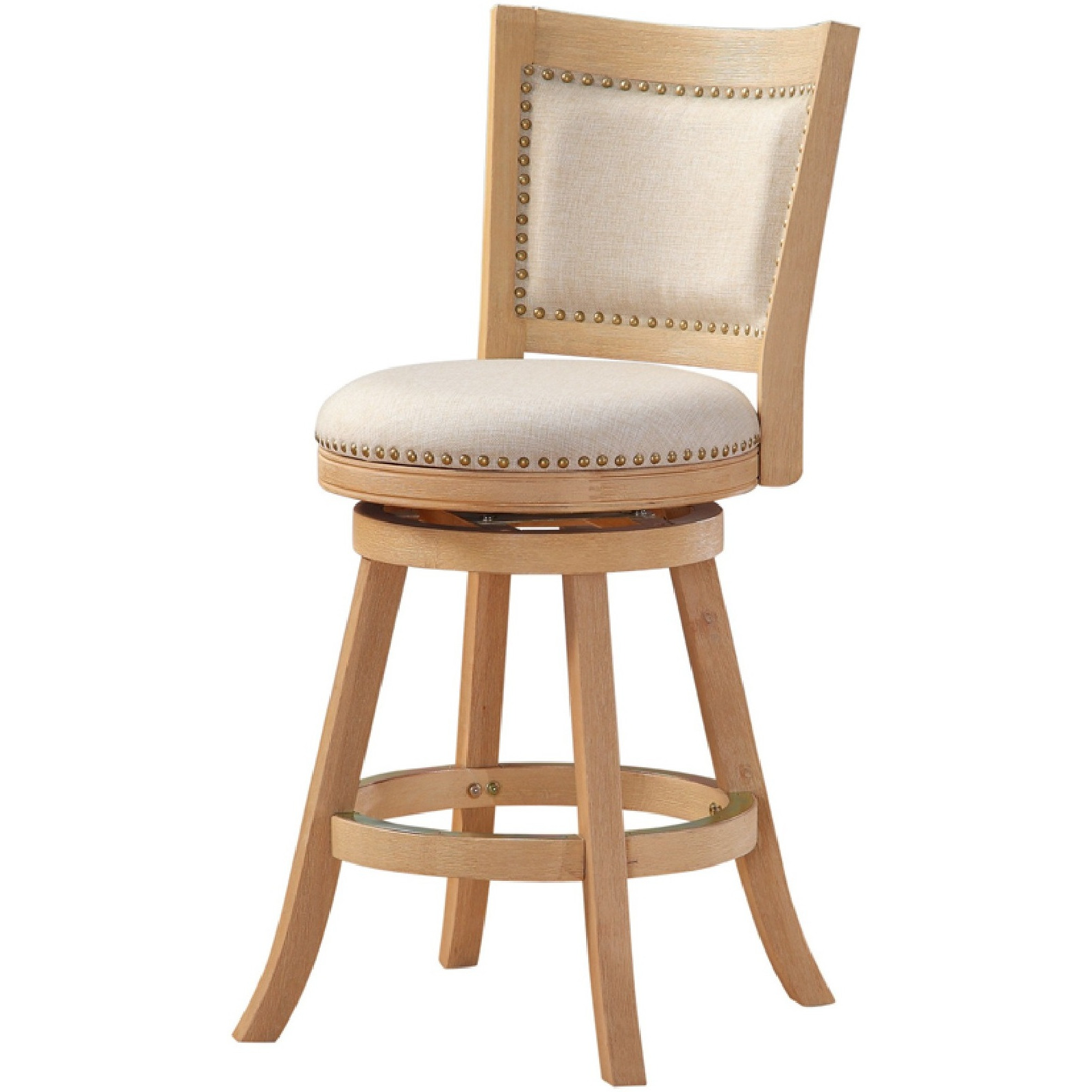Kia 24 Inch Solid Wood Swivel Counter Stool, Curved Panel Back, Brass Nailheads, Ivory