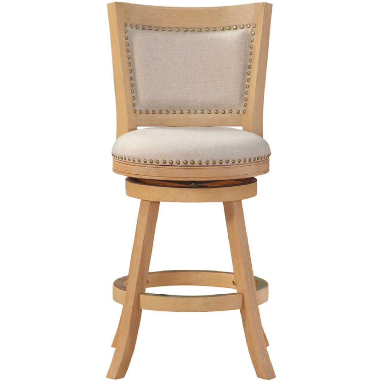 Kia 24 Inch Solid Wood Swivel Counter Stool, Curved Panel Back, Brass Nailheads, Ivory