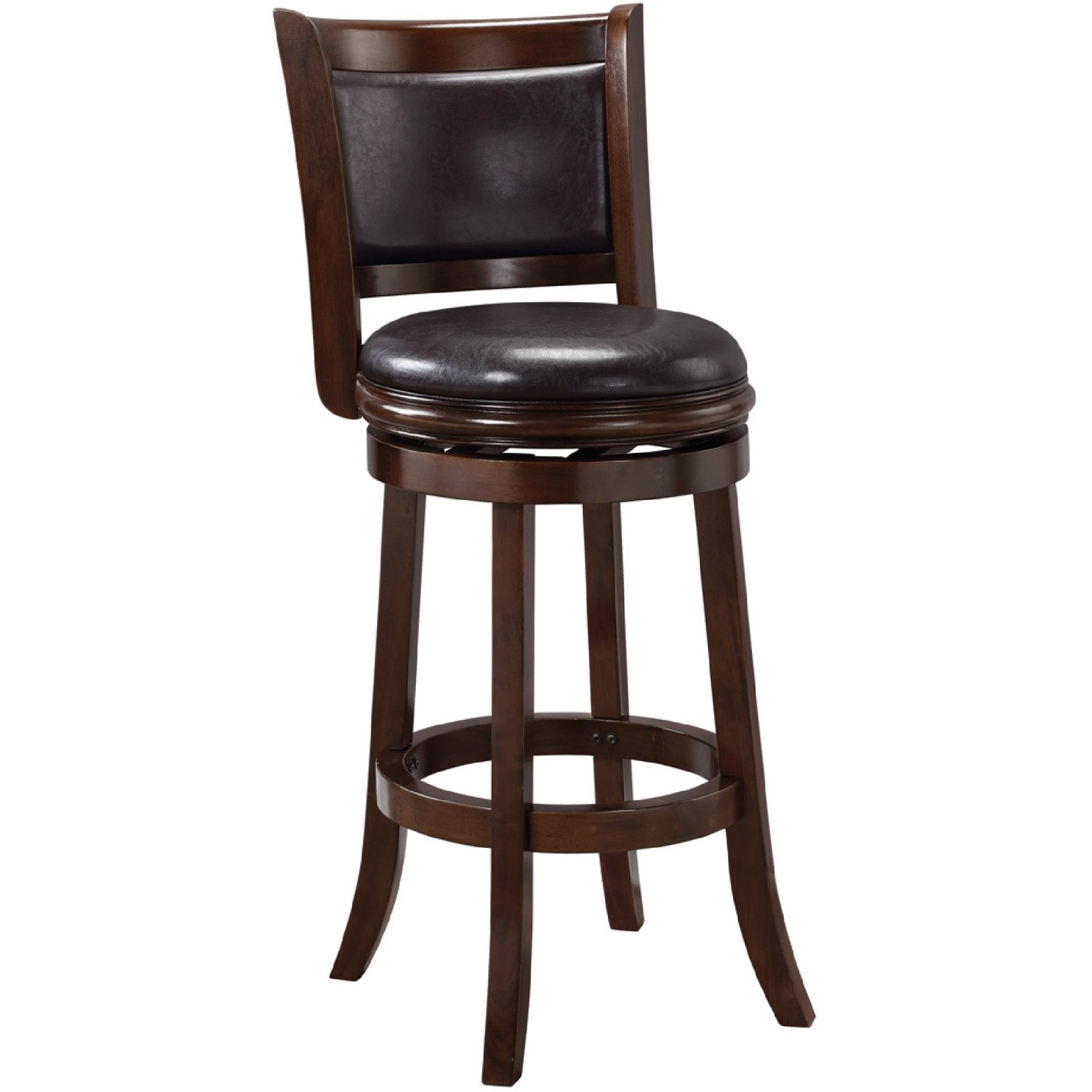 Pal 29 Inch Swivel Bar Stool, Solid Wood, Rich Faux Leather, Espresso Brown