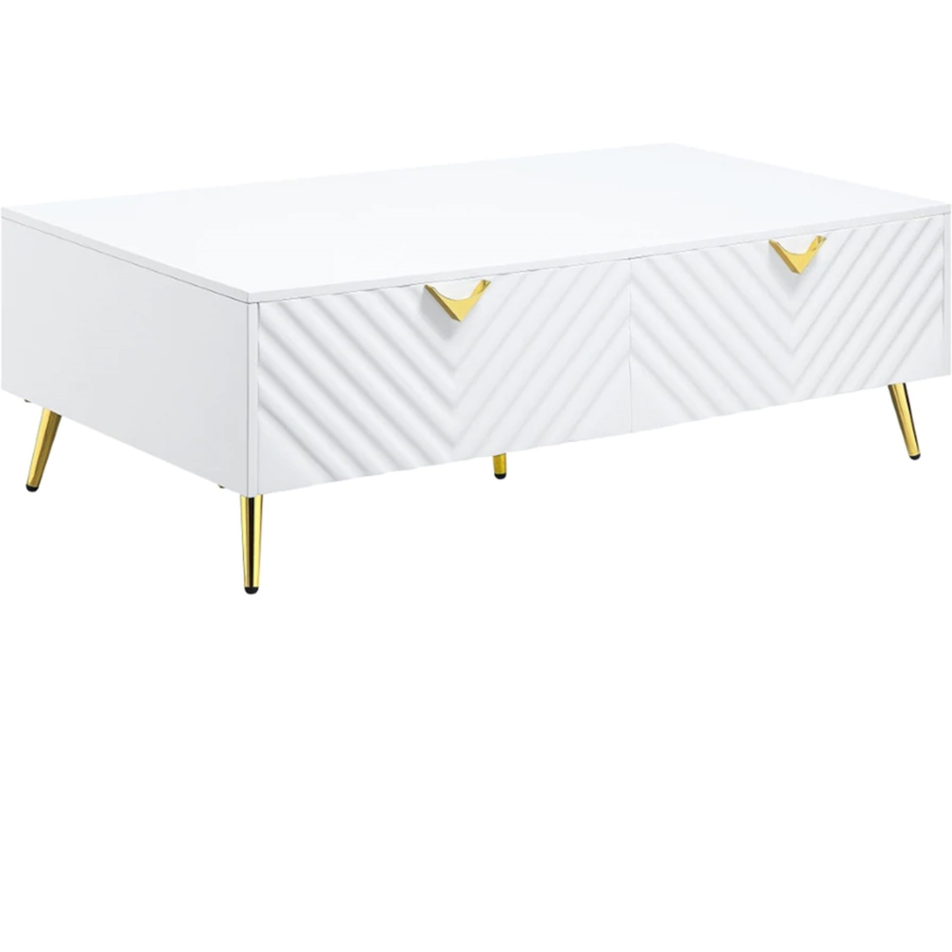Tyra 53 Inch Modern Coffee Table, 2 Drawers, Metal Handles, White, Gold